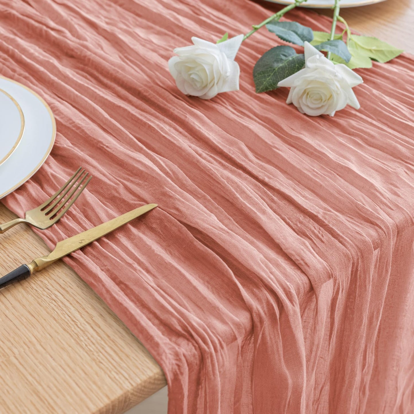 Asee'm Cheesecloth Table Runner 120 Inches Dark Rose Boho Gauze Cheese Cloth Runner 10FT Rustic Sheer Fall Table Runners for Thanksgiving Wedding Baby Shower Holiday Party Decoration