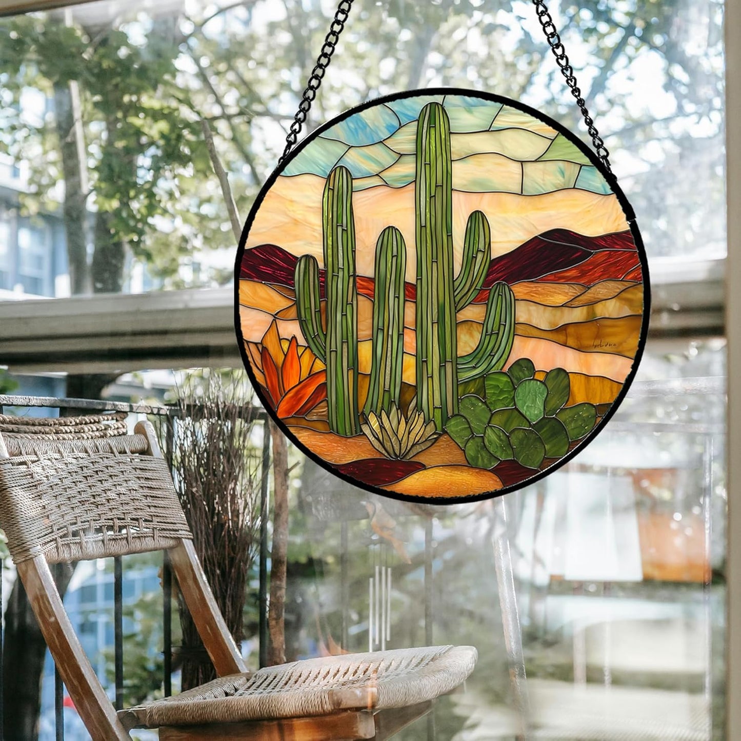Stained Glass Window Hanging, Green Cactus Sun Catcher for Door Terrace Garden Home Decor, Abstract Desert Landscape Suncatcher Birthday Gifts for Lovers Women Men Dad Mom Nana 9.8 in