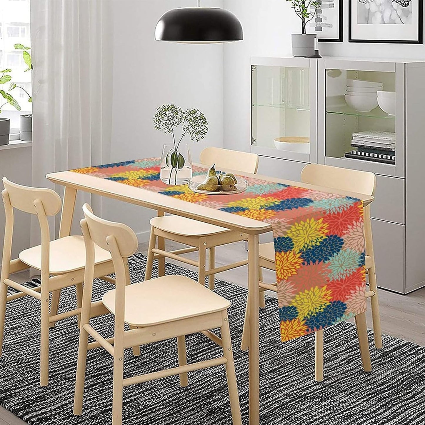 Dahlia Flowers Table Runner Colorful Floral Teal Grey Pink Yellow Blue Abstract Table Runner Kitchen Dining Party Decor Living Room, 13x108 Inch