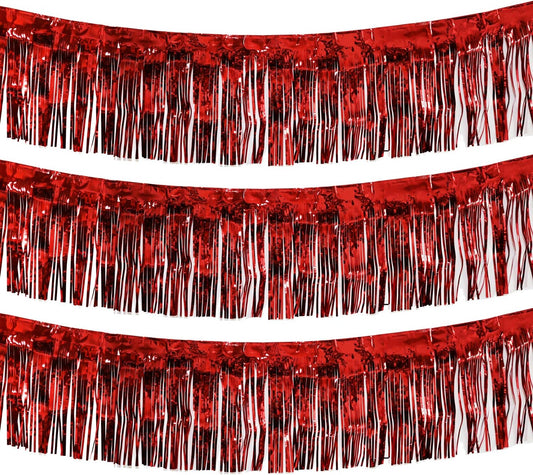 Thick 10 Feet by 15 Inch Red Foil Fringe Garland - Pack of 3 | Shiny Metallic Tinsel Banner for Parade Floats, Bridal Shower, Wedding, Birthday, Christmas | Wall Hanging Drapes (3)