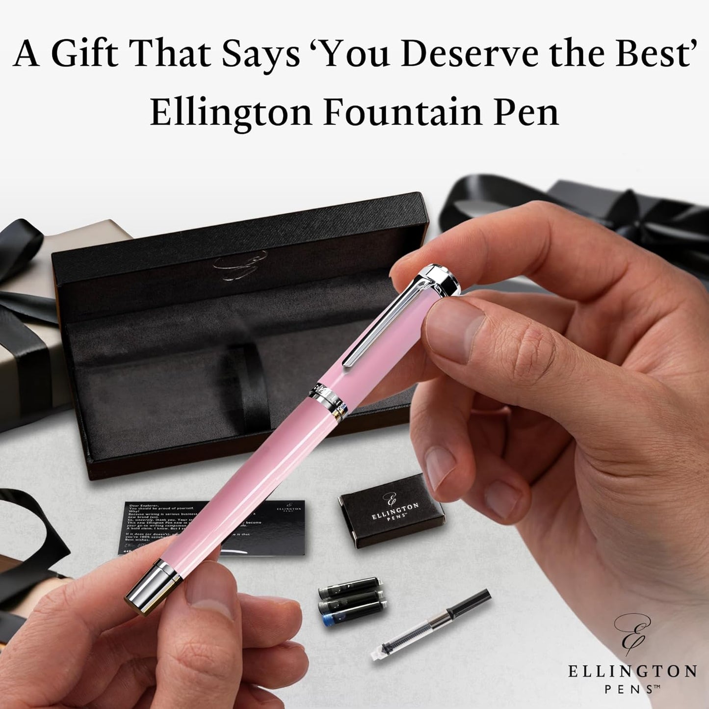 Ellington Pens Luxury Fountain Pen Set- Fountain Pens for Writing - Smooth Medium Nib - Includes Refillable Ink Converter, 3 Ink Cartridges [Black & Blue], Gift Box - Elegant Calligraphy
