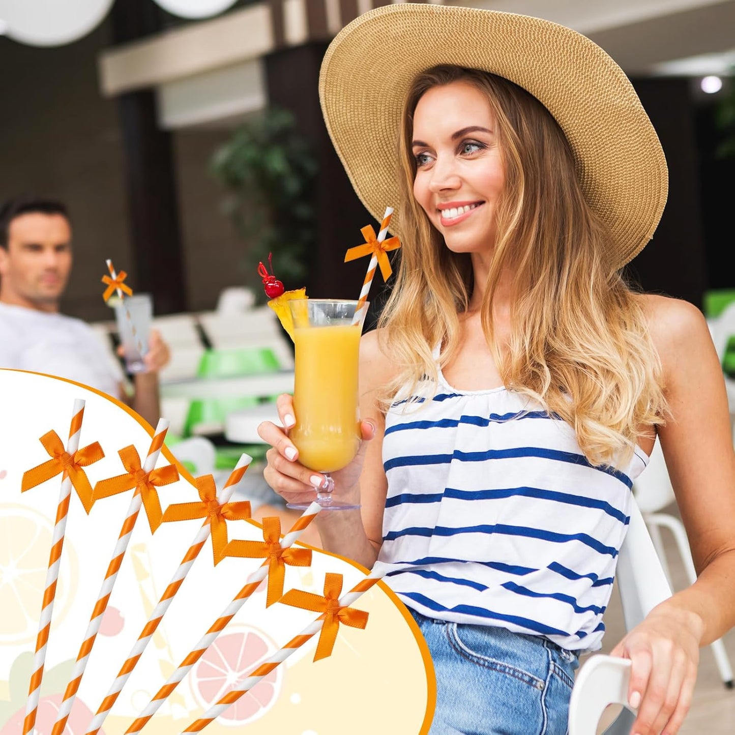 100 Pcs Fall Orange Paper Bow Straws for Drinking, Halloween Disposable Striped Paper Straws Bulk Autumn Theme Birthday Party Supplies for Wedding Cake Decorations Bachelorette Bridal Shower