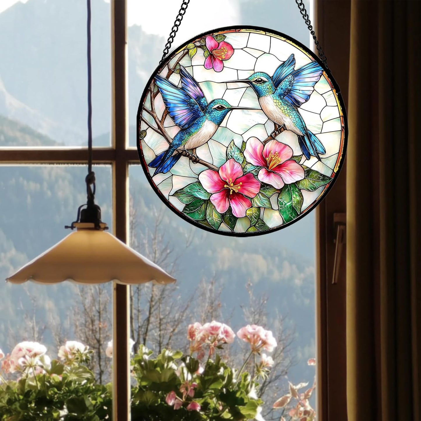 Stained Glass Window Hanging - Blue White Hummingbirds Pink Flowers Suncatcher for Door Terrace Garden Home Decor Bird Sun Catcher Birthday Gifts for Lovers Women Men Dad Mom Nana 15 in