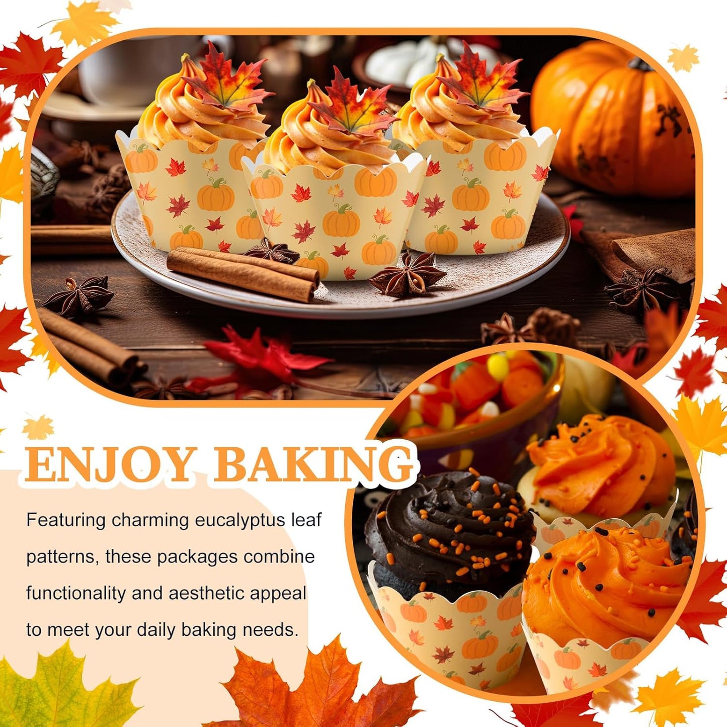 Domensi 100 Pcs Fall Pumpkin Maple Leaf Cupcake Wrappers Rustic Cupcake Liners Thanksgiving Baking Cups Baking Liners for Autumn Wedding Bridal Baby Shower Birthday Party Supplies Dessert Decoration