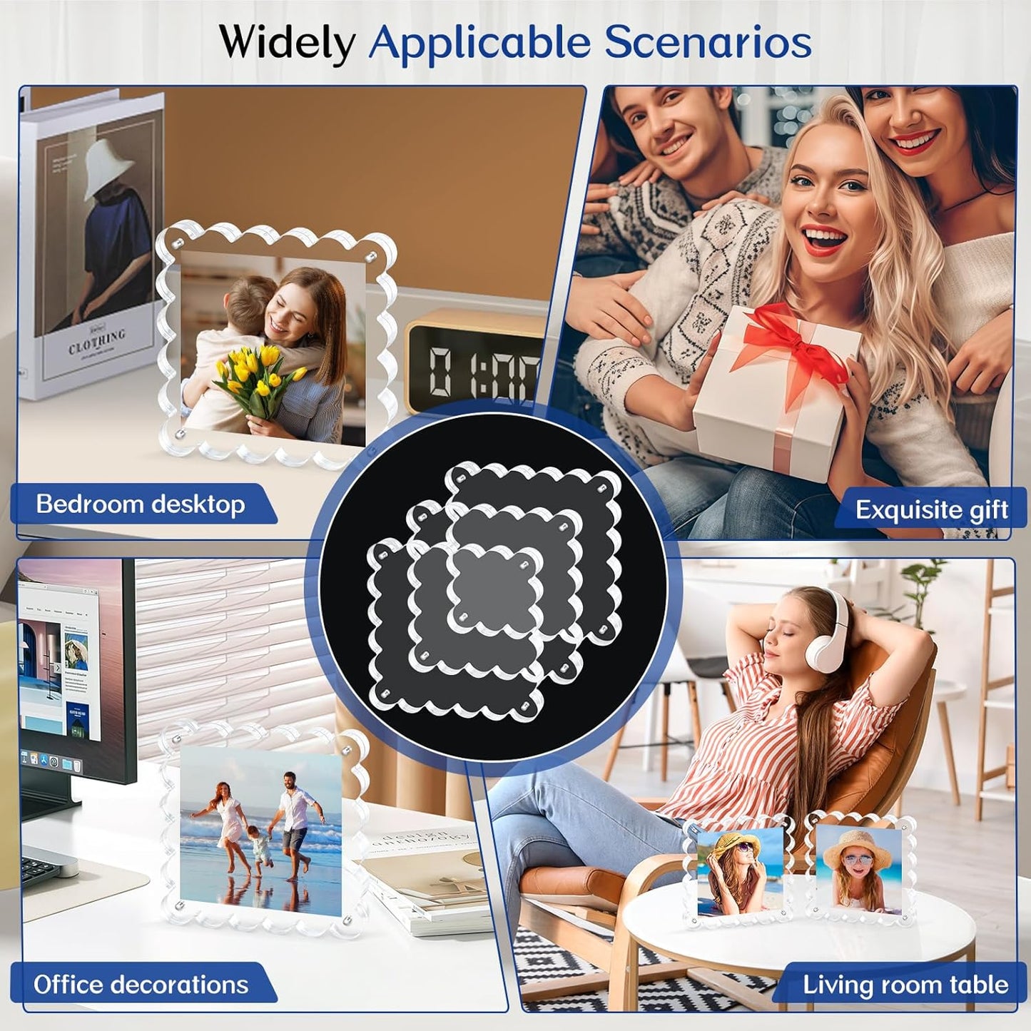 3Pack Clear Magnetic Picture Frames 5×5 Inch - Scalloped Picture Frame with 10+10mm Thick Block, Double-Sided Clear Display | Trendy Home Decor & Modern Gift Idea (3Pack, 5×5)