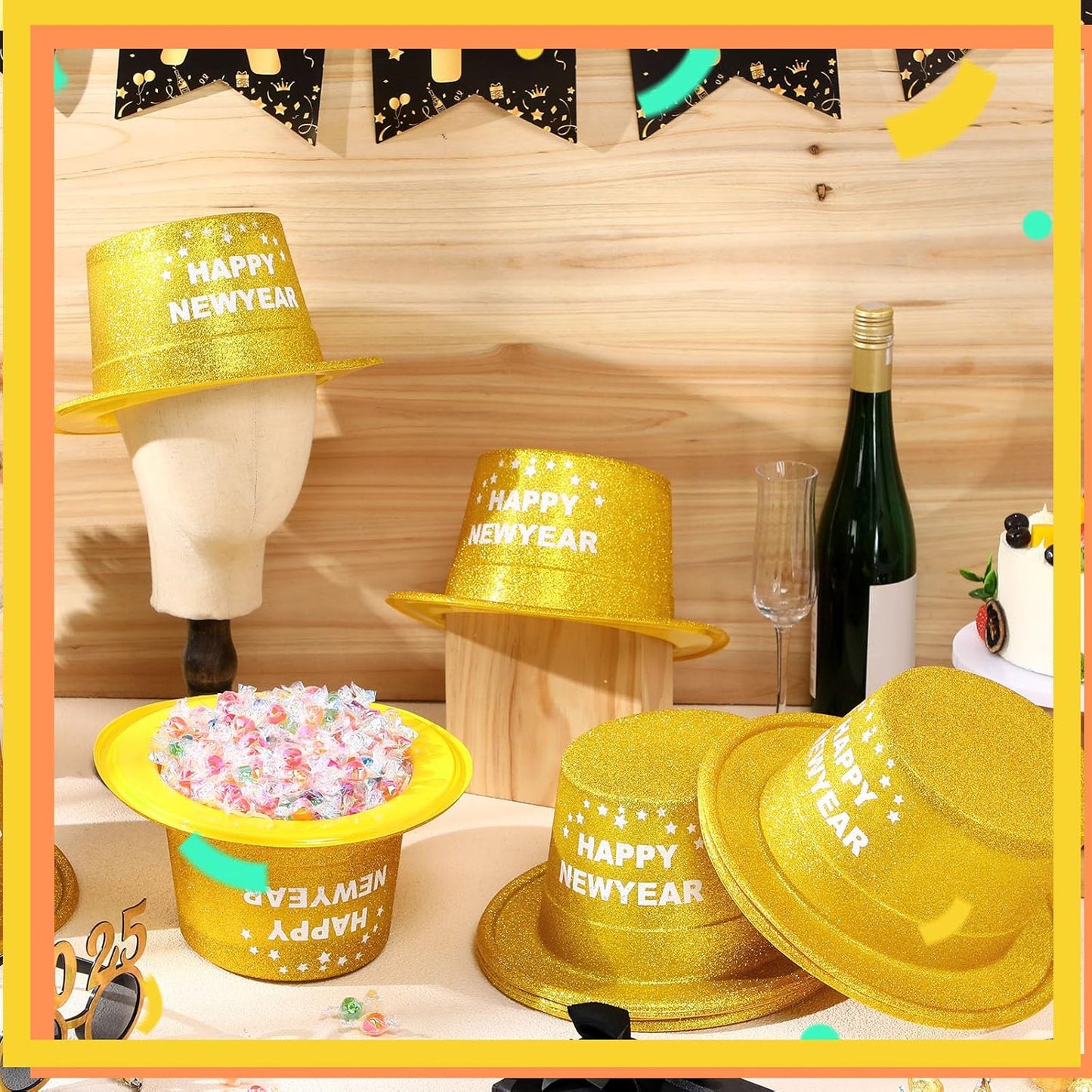 Hillban 12 Pcs Top Hats Halloween Glitter Plastic Retro Disco Party Hats for Halloween Magician Birthday Wedding Carnivals(Golden with Letter,Novel)