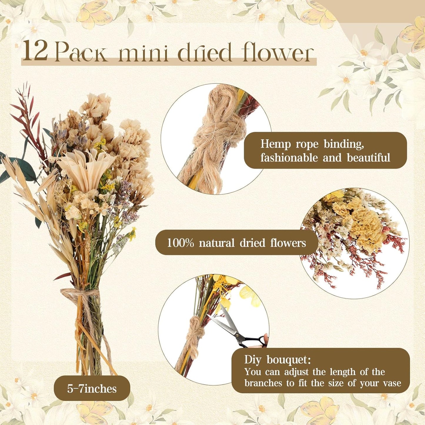 Layhit 12 Pack Boho Dried Flower Bouquet Mini Wedding Handmade Dry Flowers Decor for Vase Crafts DIY Photo Boutonniere for Men Floral Plant for Bridesmaid Gift Birthday Decor