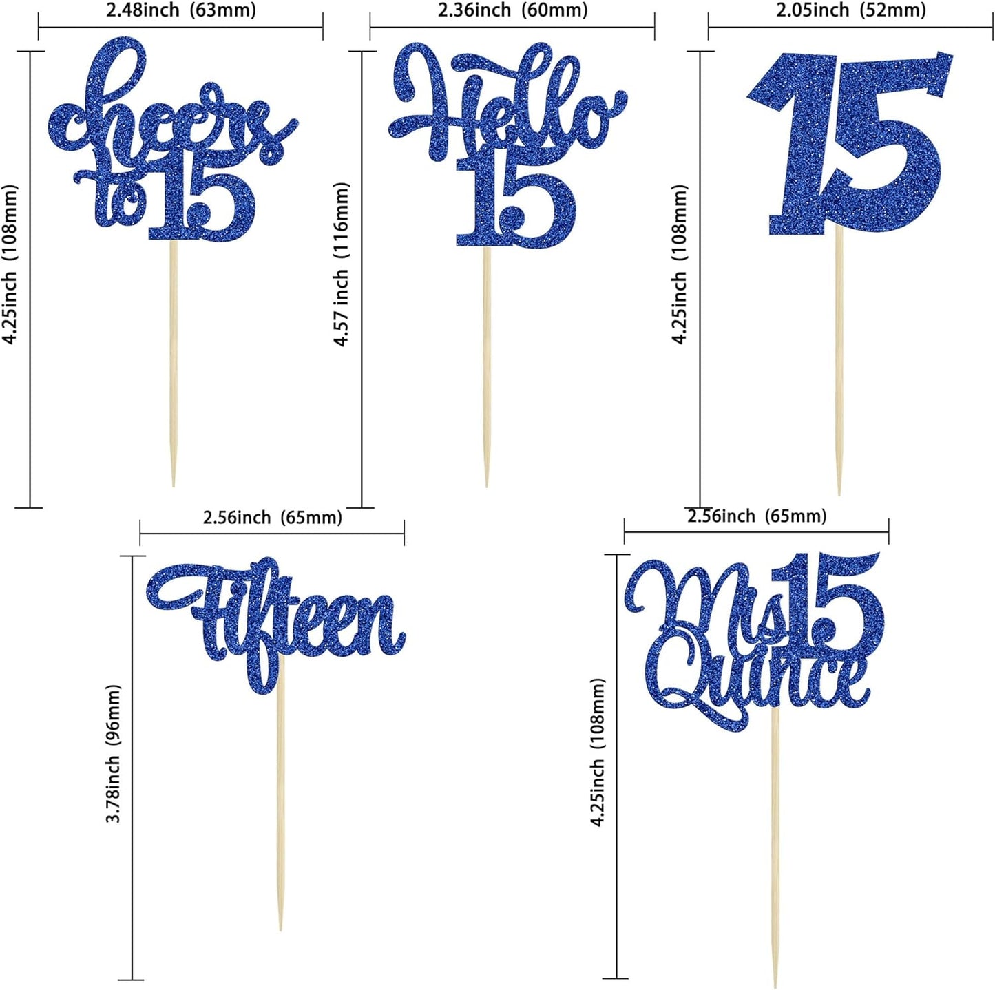 30Pcs 15th Birthday Cupcake Toppers Fifteen Cupcake Picks Cheers to 15 Years Old Mis Quince 15 Cake Decorations for 15th Birthday Anniversary Party Deep Blue Glitter