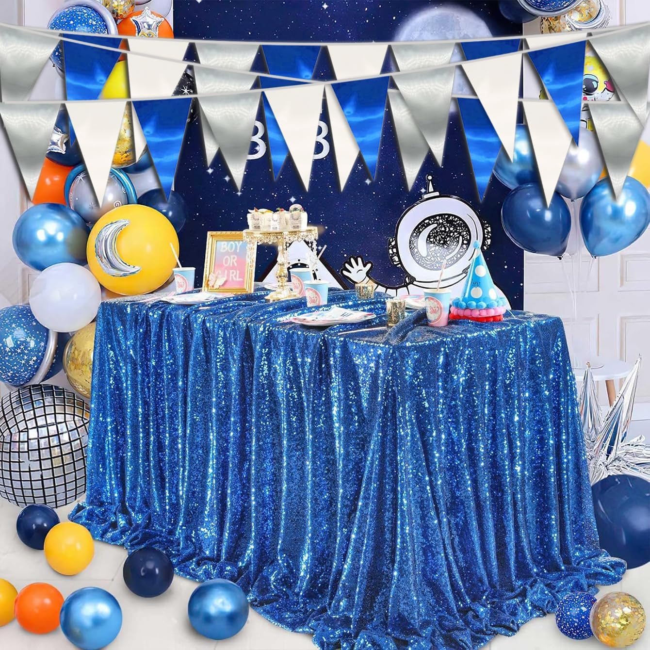 65FT Navy Blue White Silver Triangle Pennant Banner Flag Metallic Fabric Bunting Garland for Christmas Graduation Birthday Wedding Bridal Shower Nautical Ahoy Achor Theme Party Decorations Supplies