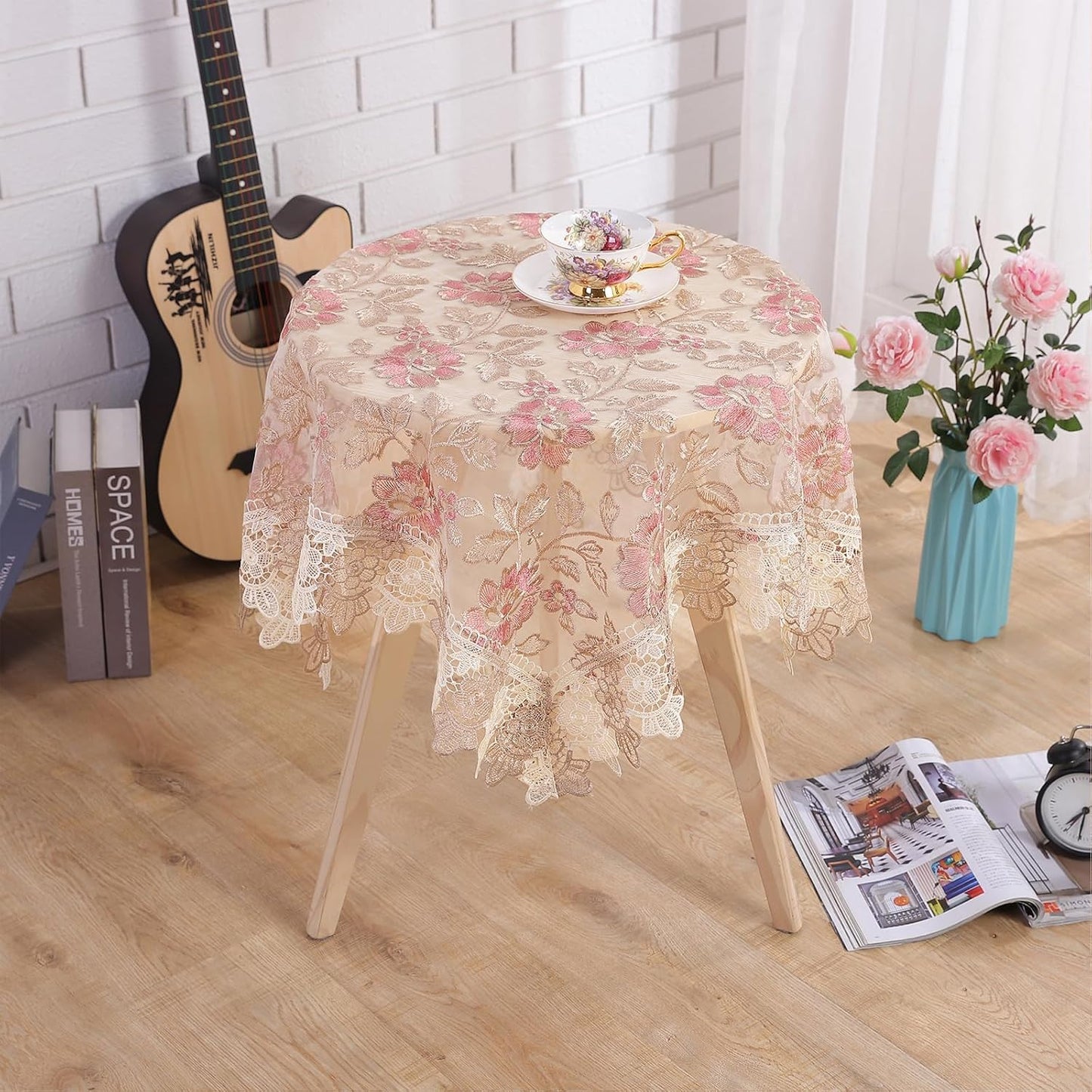 Lace Floral Tablecloth Vintage Round Tablecloth Decorative Exquisite Border Table Cover for Party Wedding Home Decorations, Round-48, Pink