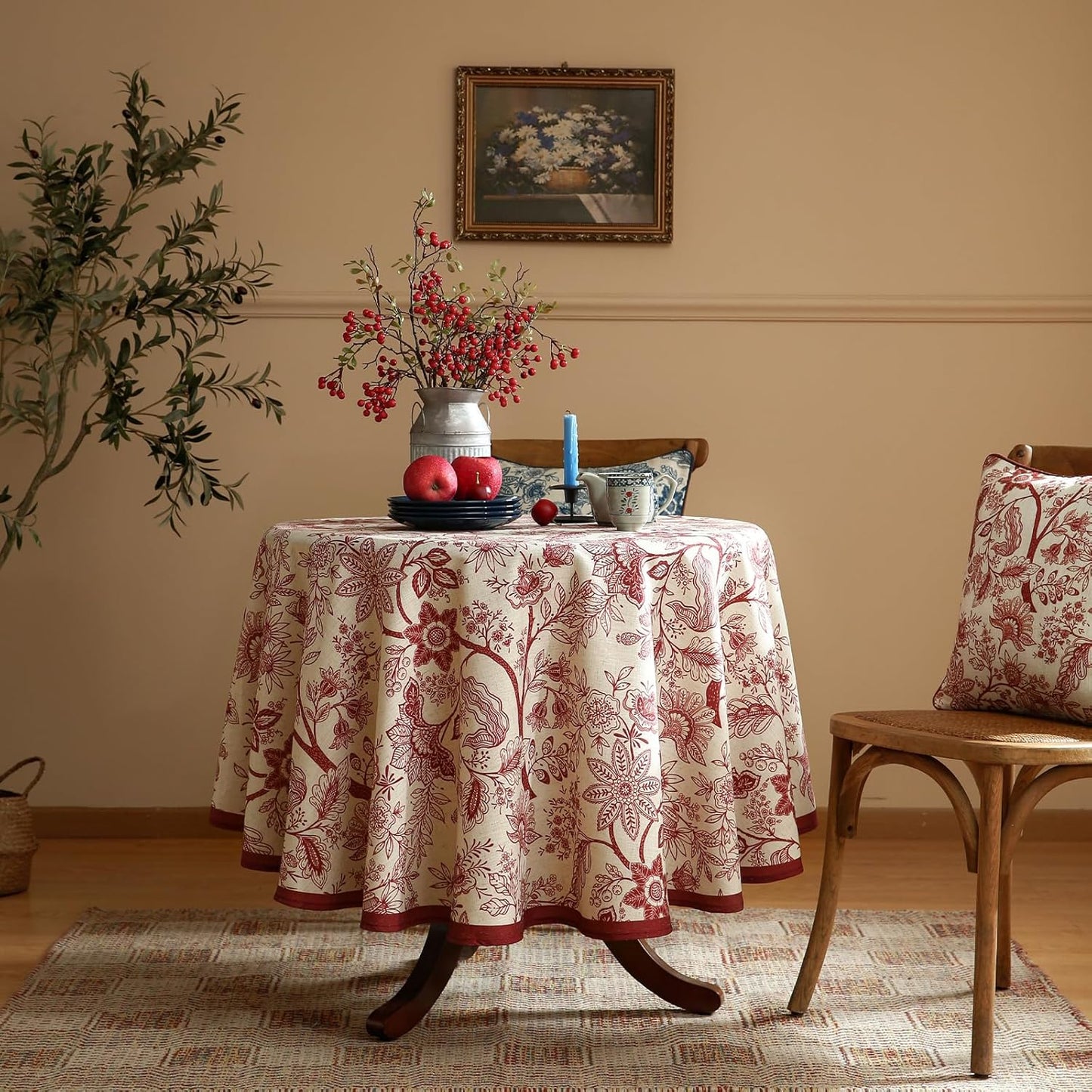 ISAENNE Designer French Linen Small Round Tablecloth,Red Floral Washable Indoor Table Cloth,Durable Home Decor Tablecloths for Dining Thanksgiving Kitchen Party Christmas,Diameter 55"-Ruyi A