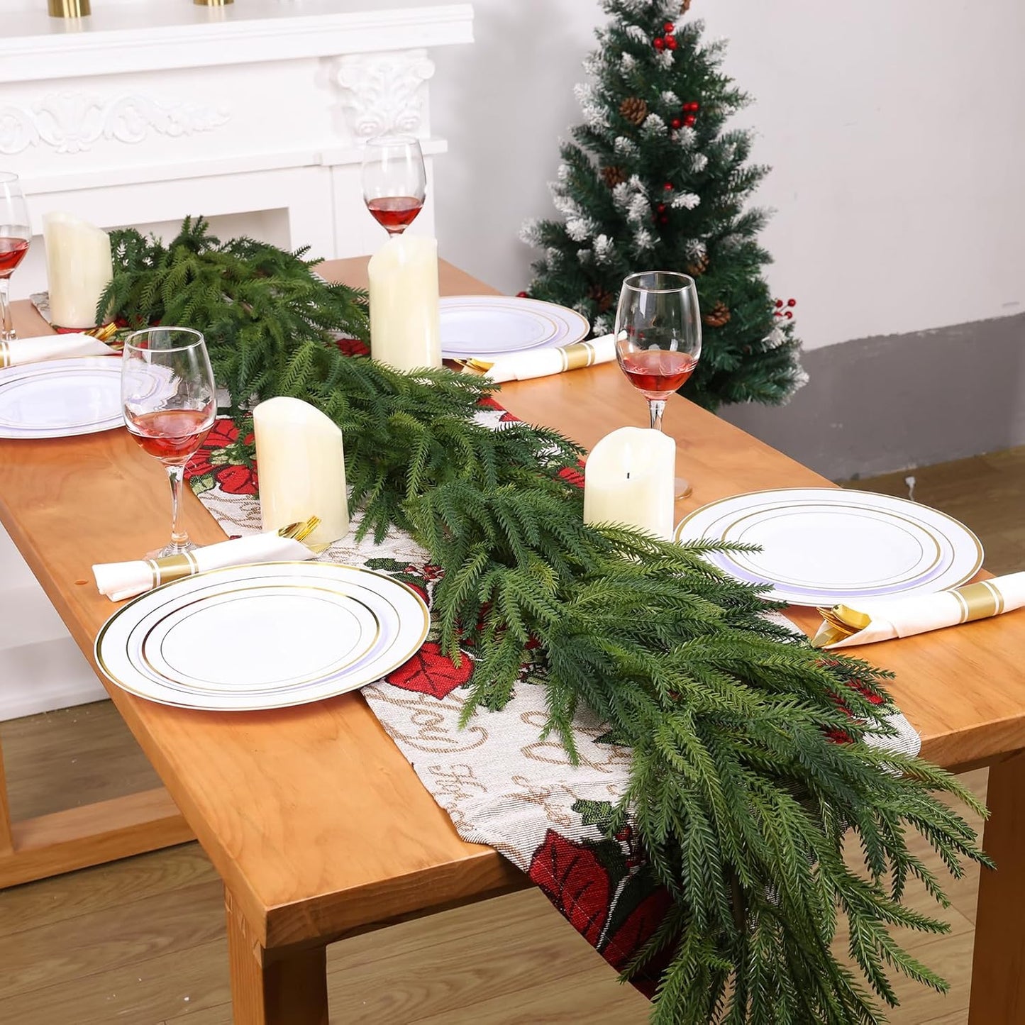 3 Pcs Artificial Norfolk Pine Garlands Christmas, 6 FT Dense Real Touch Winter Pine Garland Ornament, Green Artificial Greenery Garland for Table, Mantle, Wall, Indoor, Outdoor Christmas Decorations