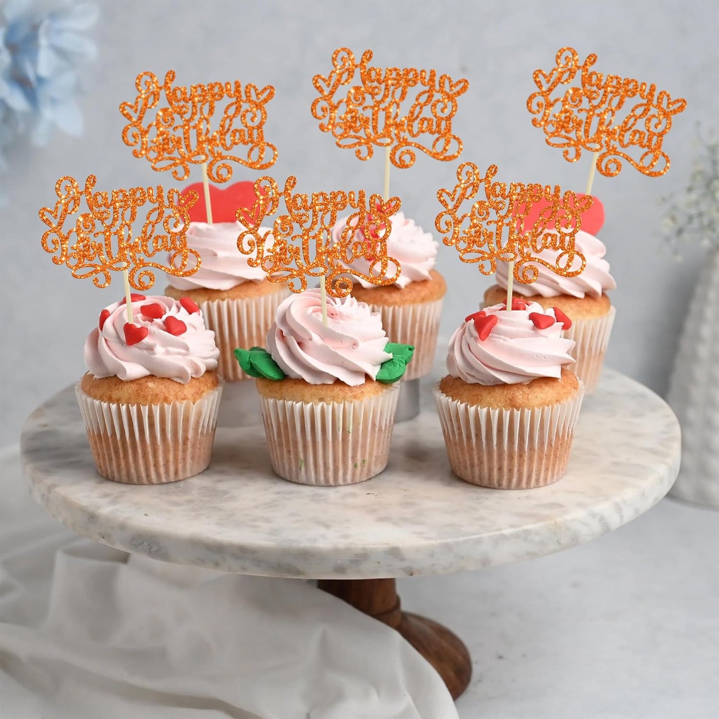 Gyufise 24Pcs Happy Birthday Cupcake Toppers Glitter Happy Birthday Cupcake Picks for Celebrating Happy Birthday Anniversary Theme Party Cake Decorations Supplies Orange