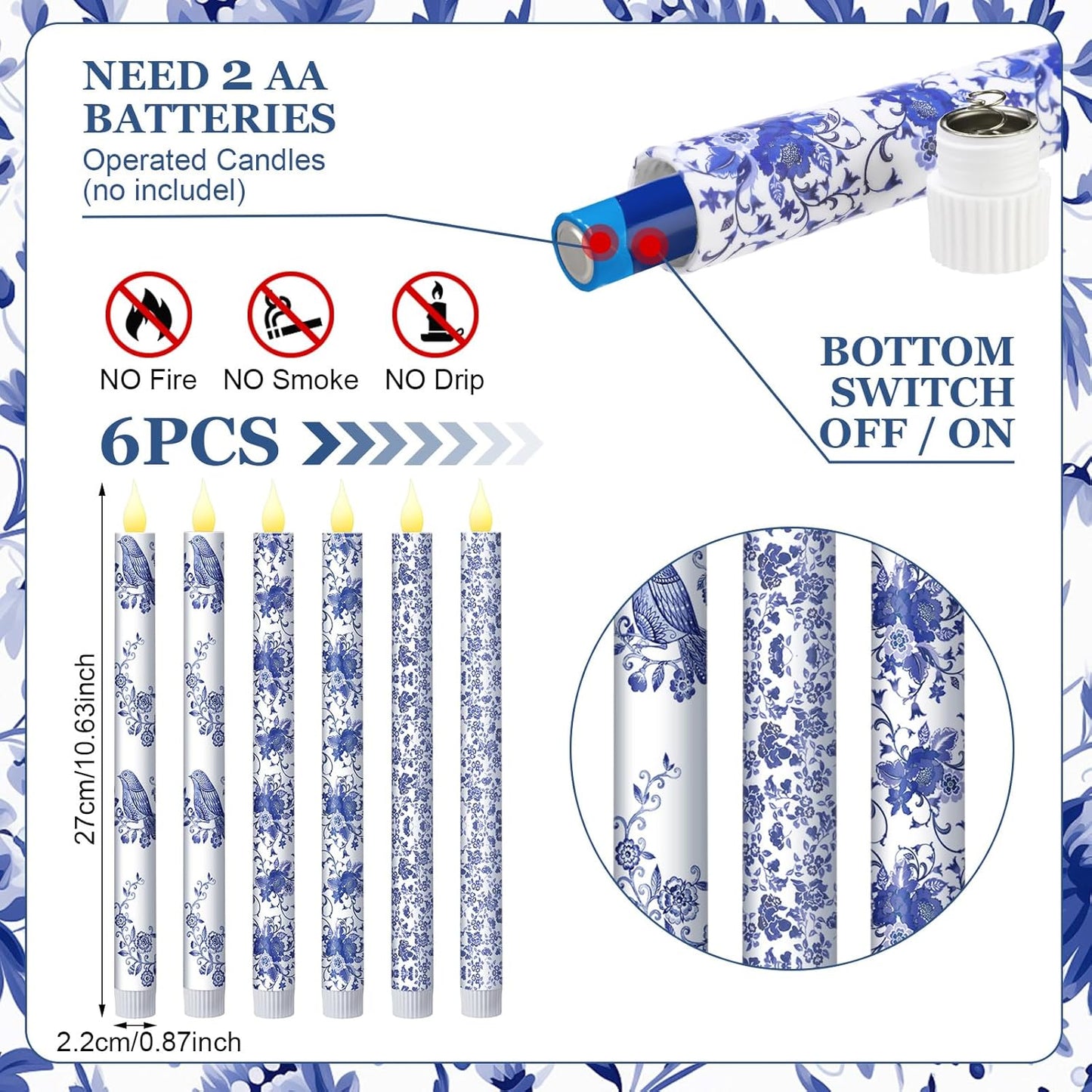 Baquler 6 Pcs Chinoiserie Bird Floral Flameless Candles 10.6 Inch Christmas Blue and White Battery Operated Led Candlesticks Chinoiserie Decor for Christmas Centerpiece Xmas Party Decor Holiday Gifts