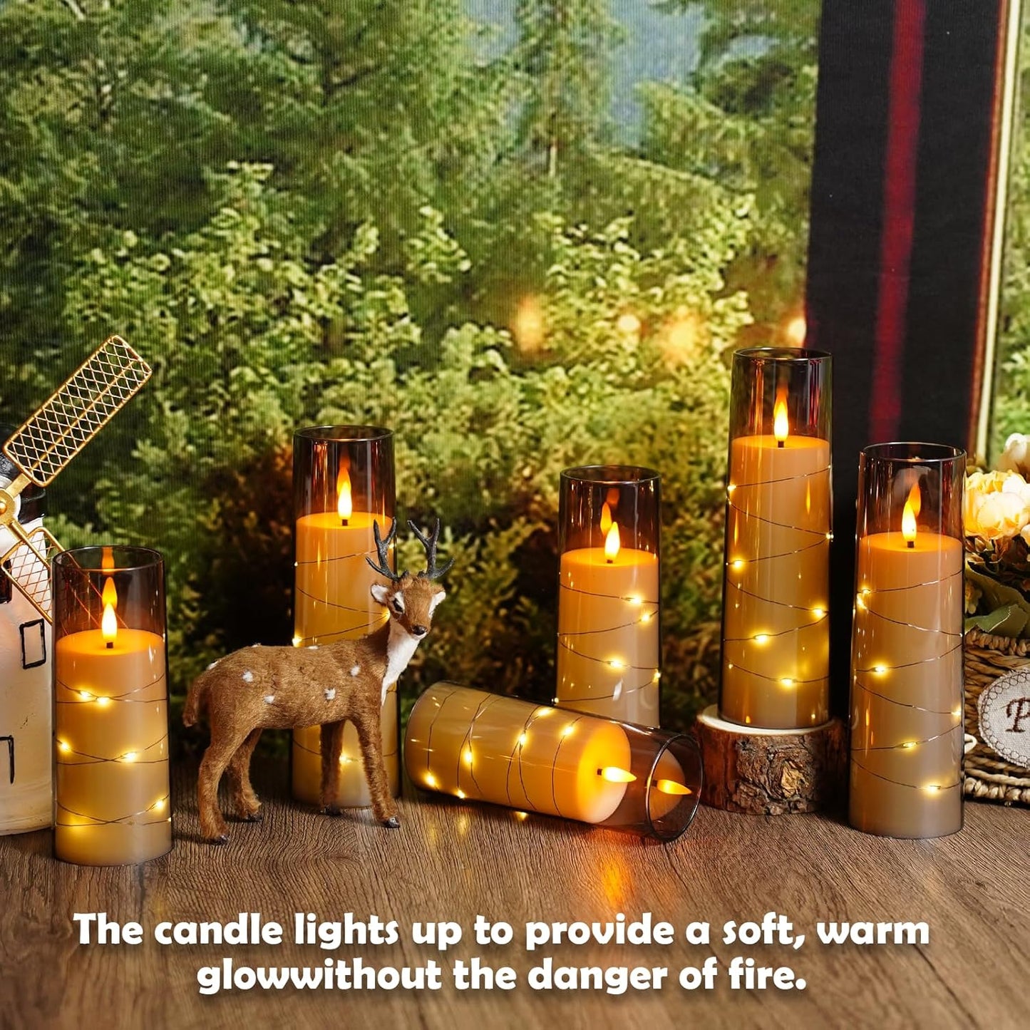 Flameless Candles with Embedded Star String - Battery Operated LED Candles, with Remote,12 Grey Flickering Candles for Christmas, Weddings, Home Decor & Party,(D 2.3"×H 5" 6" 7")
