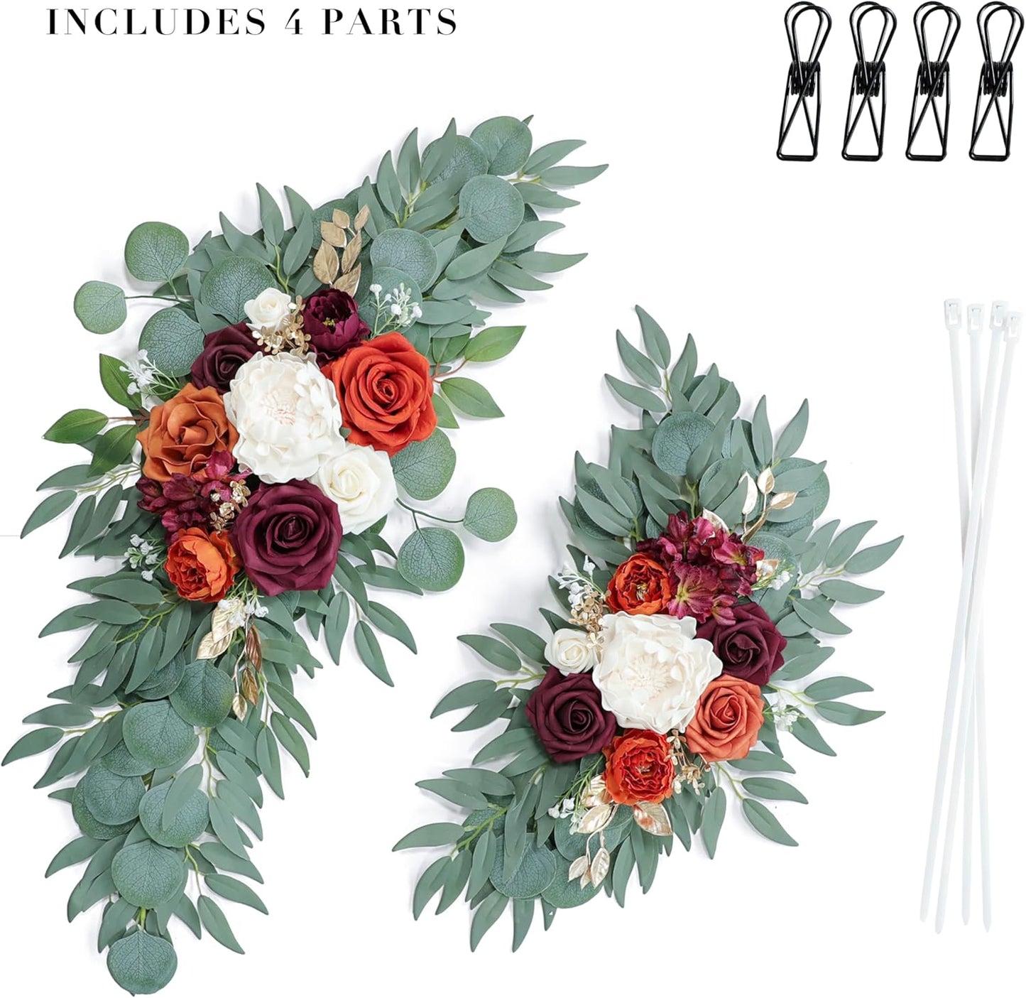 Artificial Burnt Orange Wedding Arch Flowers Swags (Set of 2) for Welcome Signs Floral and Wedding Church Decoration Ceremony, Anniversary, etc, Burgundy Roses Flowers