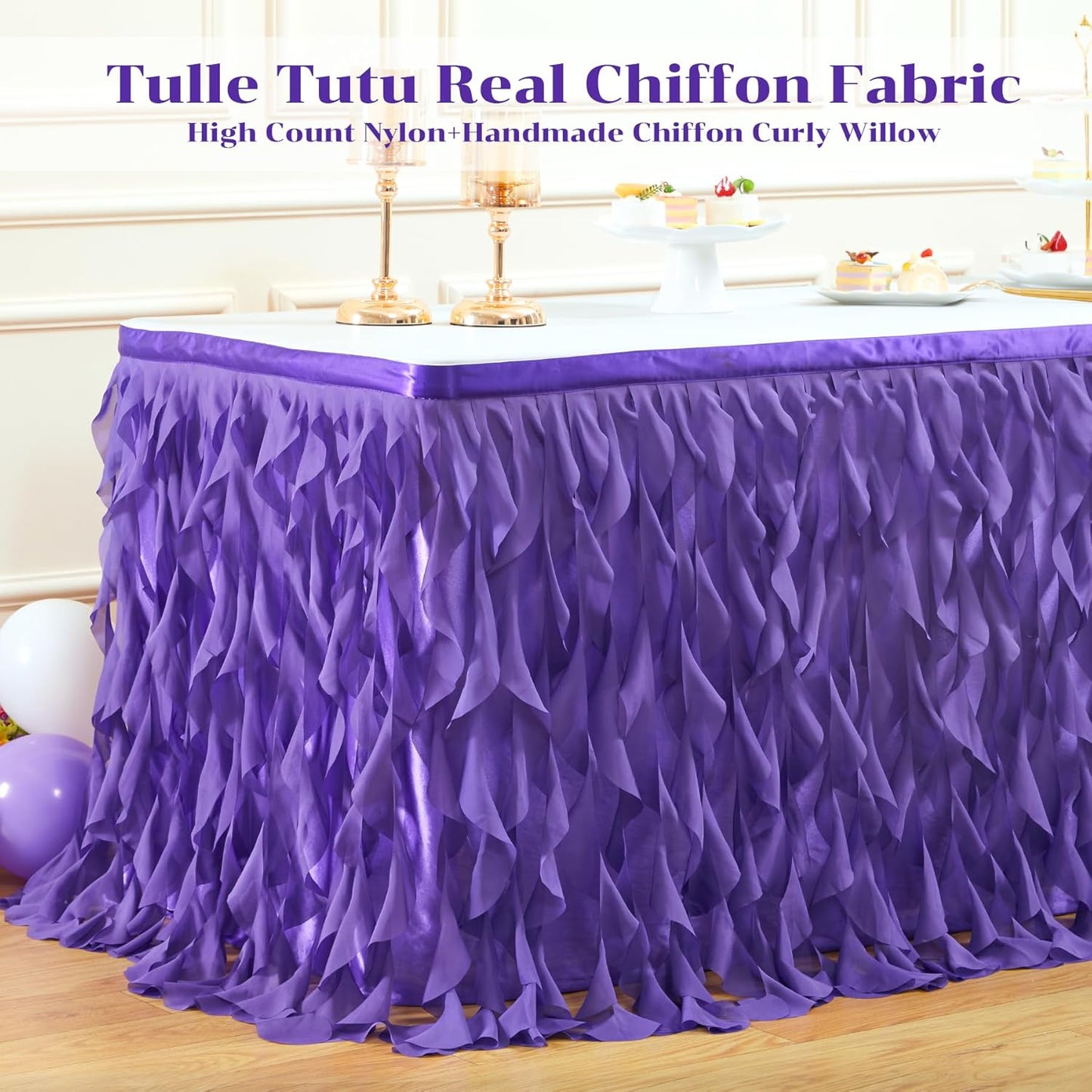 PARTISKY Mermaid Purple Tulle Curly Willow Table Skirt for Rectangle Table 9ft, Ruffle Tutu Table Cloth for Girls Boys Baby Shower,Mermaid Birthday Party