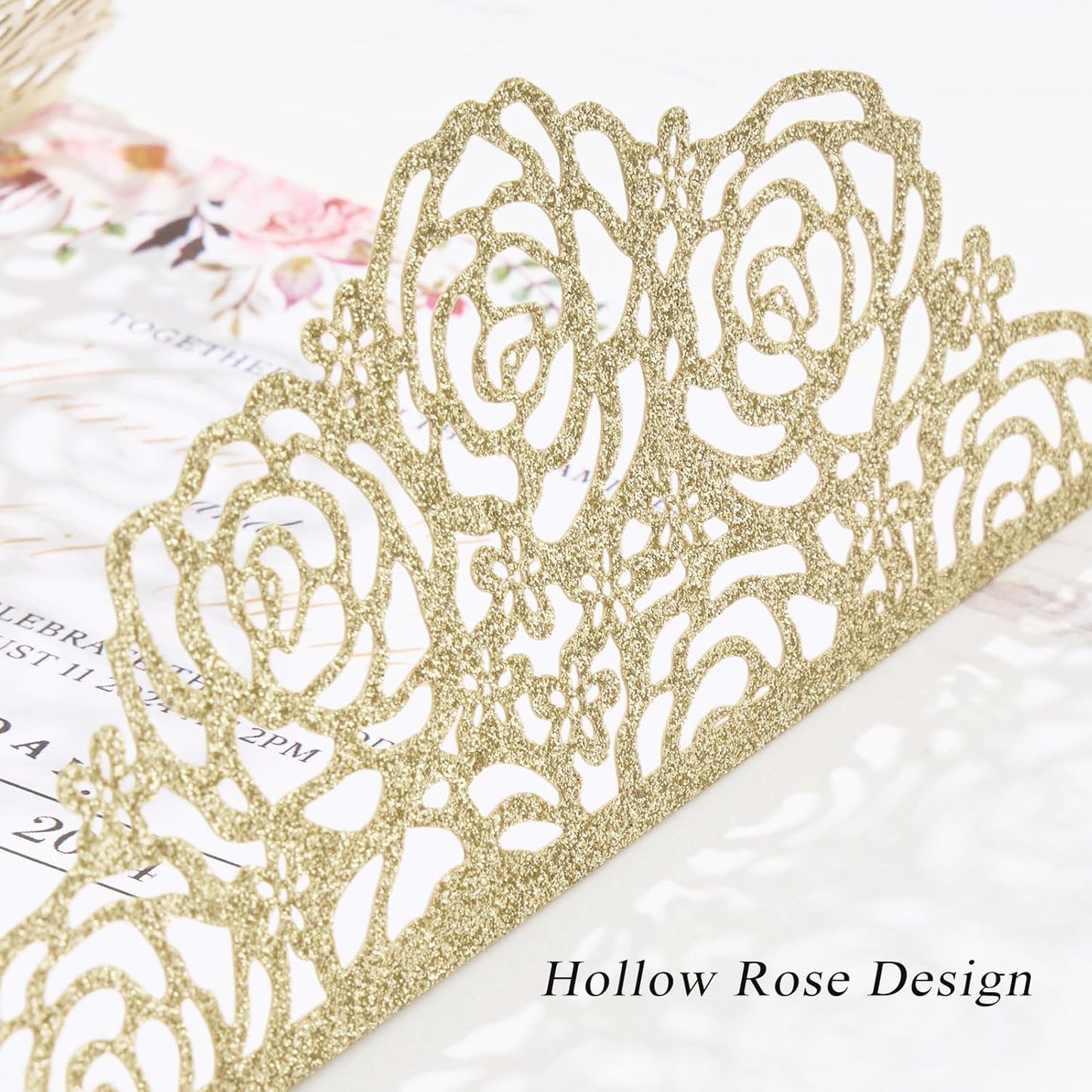 50PCS Gold Glitter Laser Cut Wedding Invitation with Butterfly Ribbons Hollow Rose Shape Wedding Invitations with Envelopes and Rsvp Cards for Wedding Bridal Shower QuinceañEra Engagement