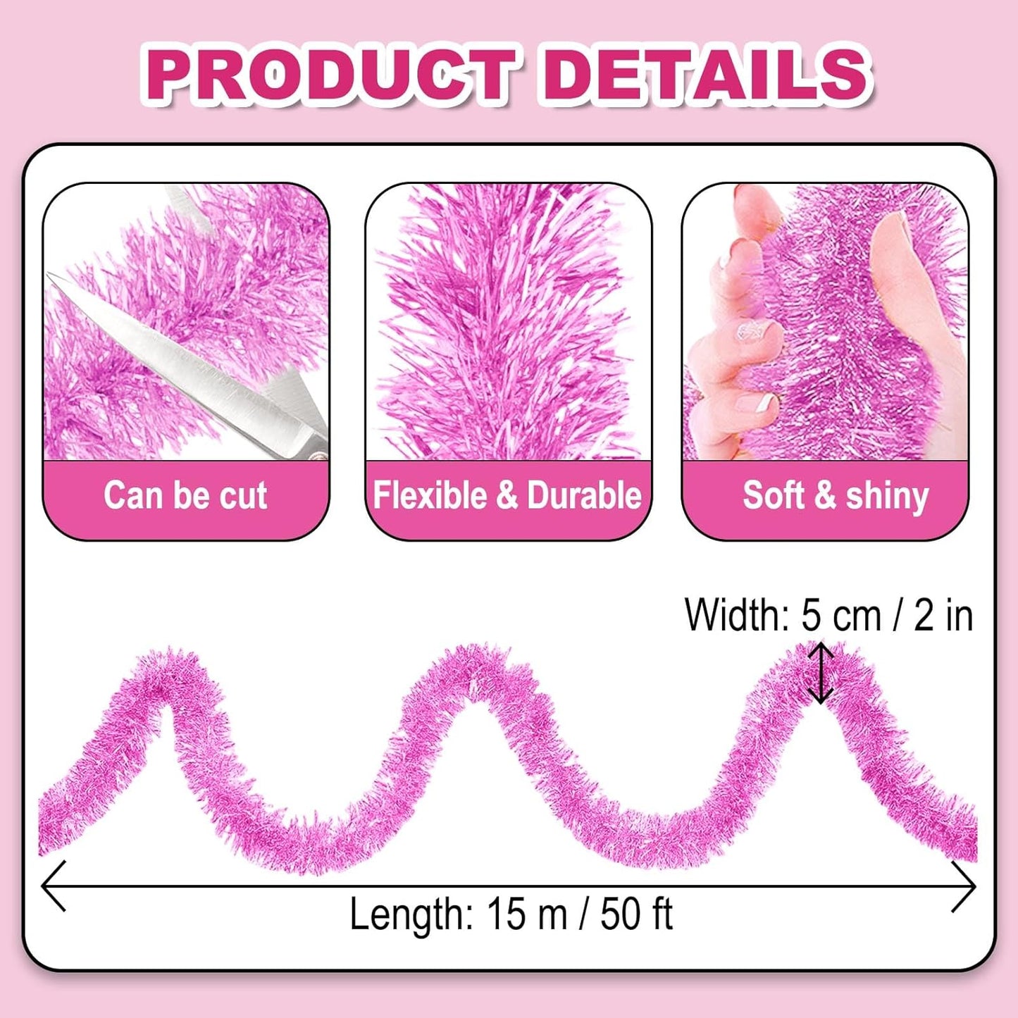 50 Feet Christmas Foil Fringe Banner Metallic Tassle Garland Metallic Backdrop Parade Floats Shiny Hanging Ceiling, Valentine's, Wedding, New Year Party Decorations(2" x 50', Macaron Pink)