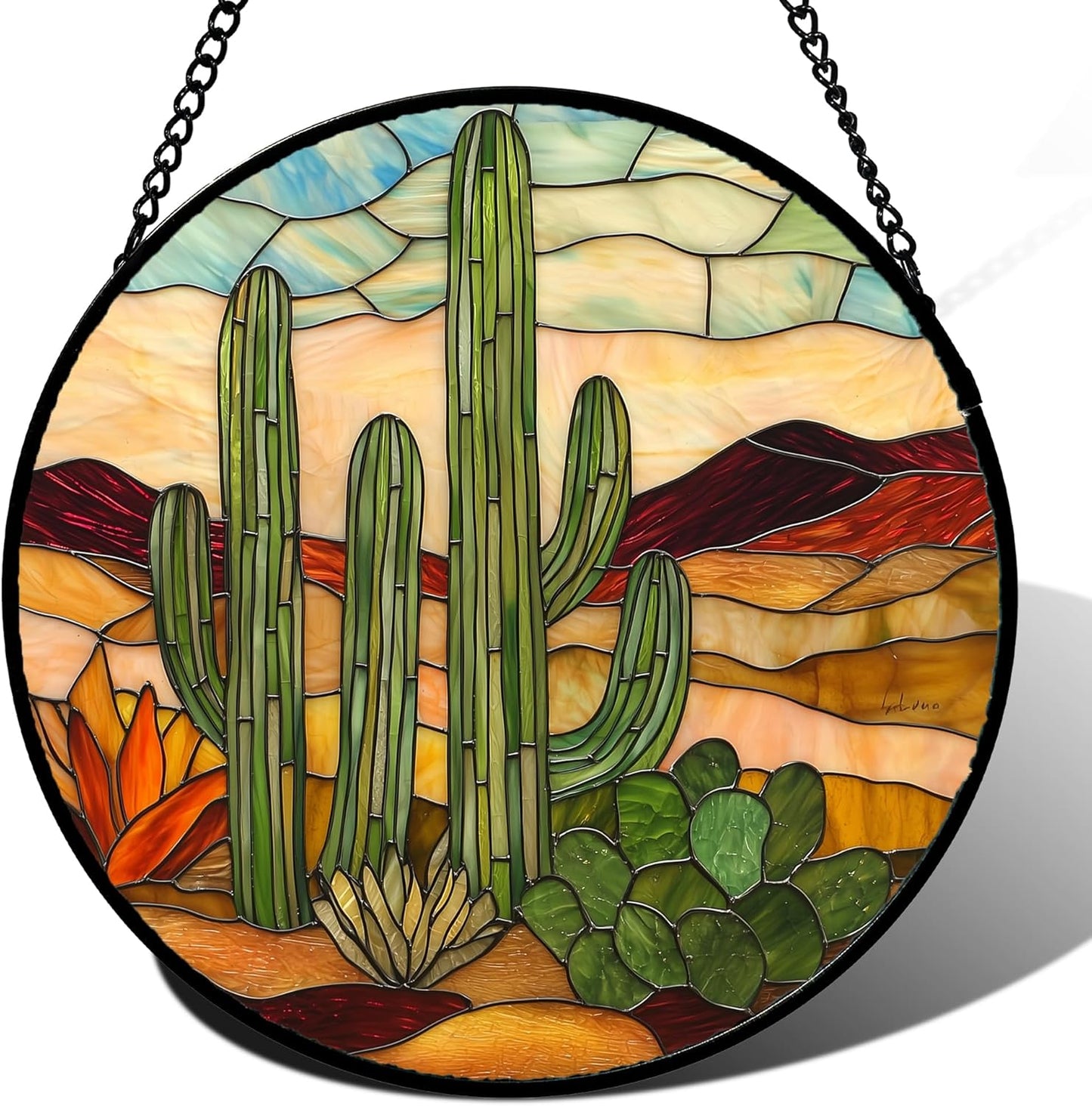 Stained Glass Window Hanging, Green Cactus Sun Catcher for Door Terrace Garden Home Decor, Abstract Desert Landscape Suncatcher Birthday Gifts for Lovers Women Men Dad Mom Nana 15 in