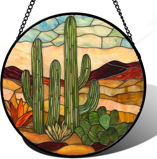 Stained Glass Window Hanging, Green Cactus Sun Catcher for Door Terrace Garden Home Decor, Abstract Desert Landscape Suncatcher Birthday Gifts for Lovers Women Men Dad Mom Nana 9.8 in