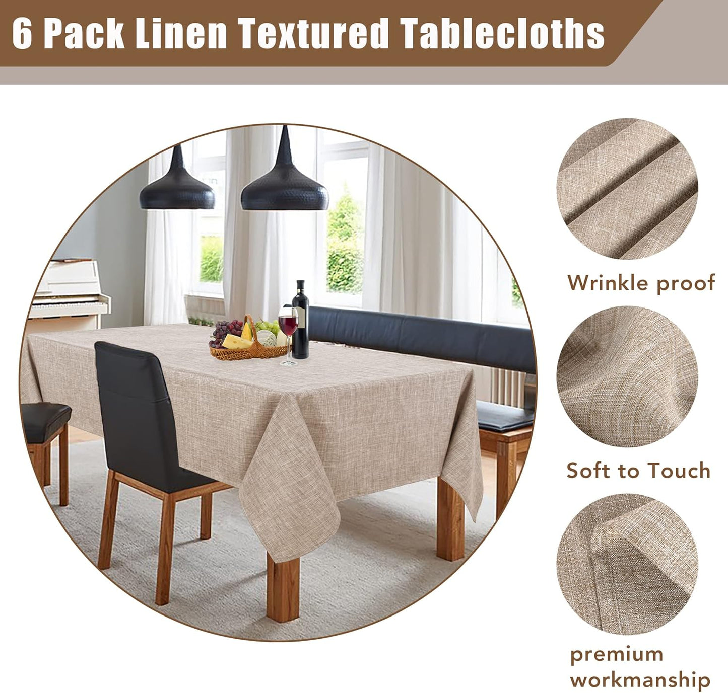 Fitable Faux Linen Tablecloths for Rectangle Tables - 90 x 156 Inch - 6 Pack Fabric Textured Washable Table Clothes Floor Lenghth Table Covers for Wedding, Party, Banquet, Birthday, Nature Color