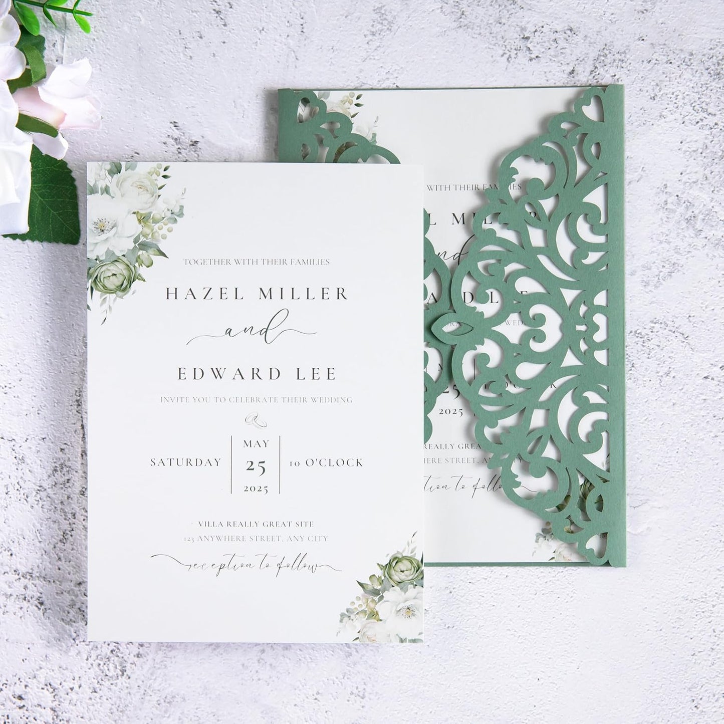 20Pcs Sage Green Laser Cut Invitation Cards With Blank Inner Sheets for Wedding Cards Bridal Shower Engagement Quinceanera Invitation (No Envelopes)