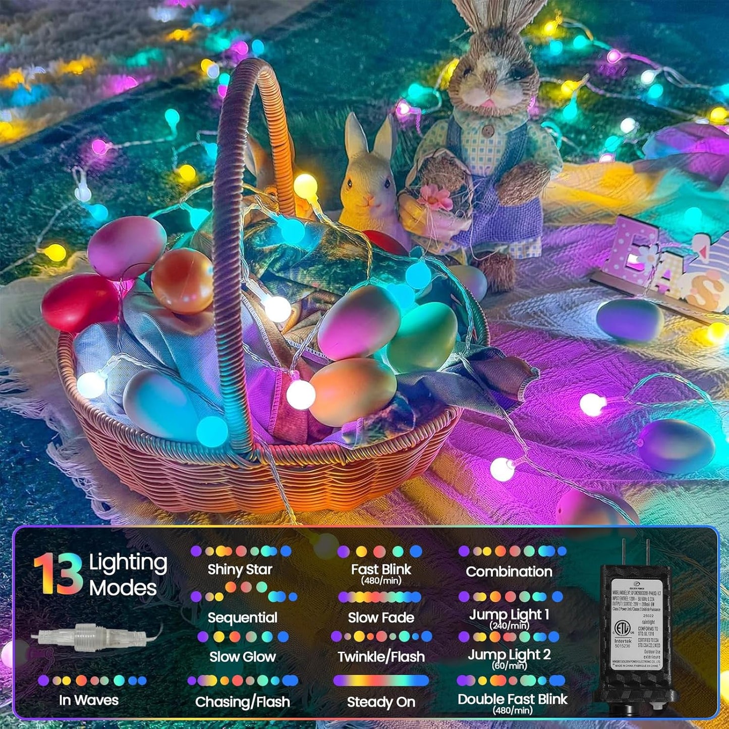 Connectable 100LED Easter String Lights Outdoor Indoor, 43ft Pastel Lights with Timer, 13 Modes Plug in Multicolor Globe Light, Waterproof Twinkle Fairy Light for Easter Decorations Bedroom Decor