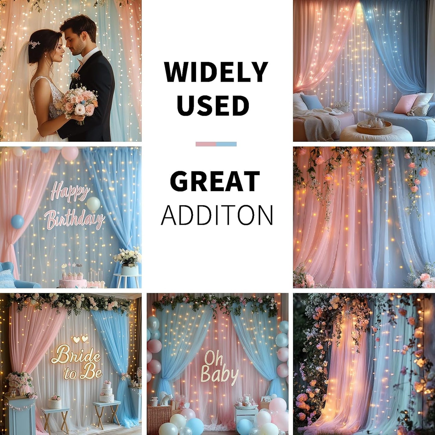 Pink Blue Tulle Backdrop Curtain with Lights String - 10x8ft Sheer Backdrop with 250 LEDs for Wedding, Baby Shower, Bridal Shower, Birthday Party Photo Shoot Background and Home Decorations