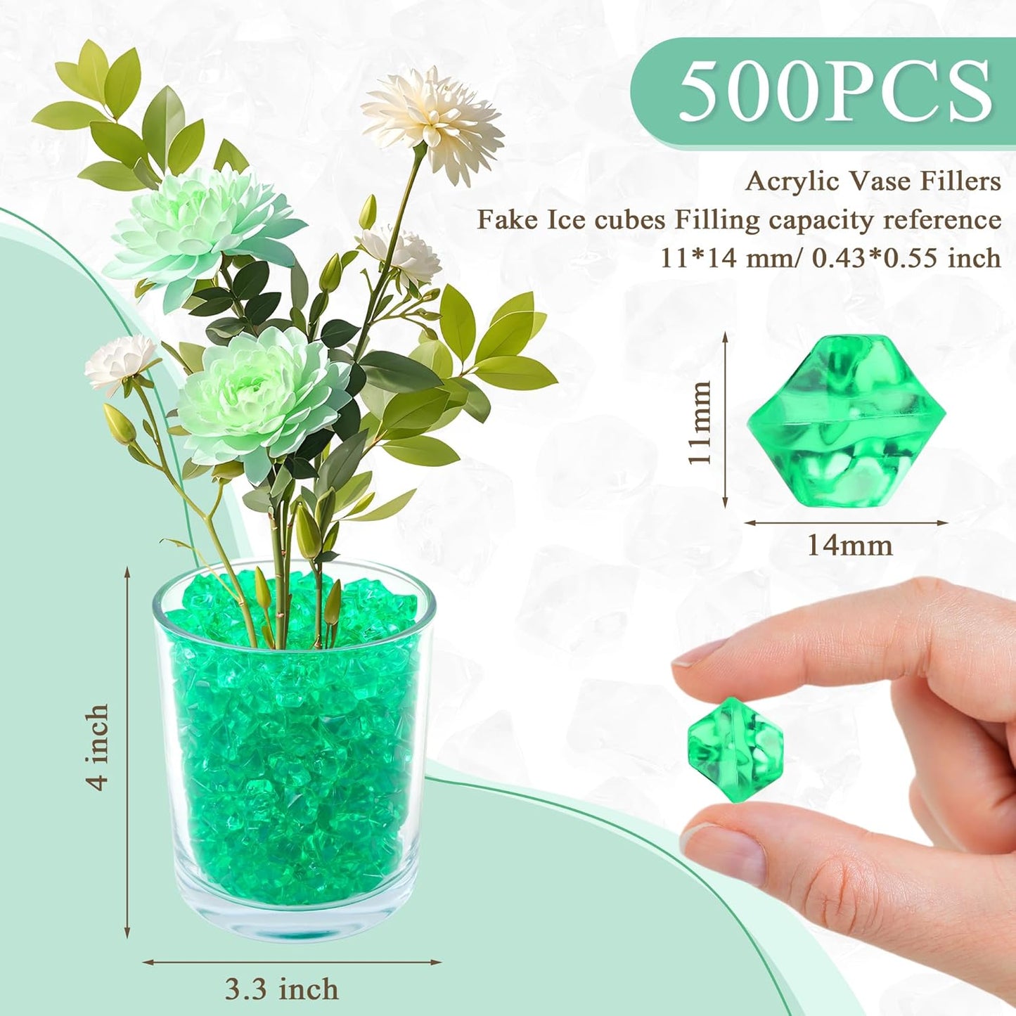 YATOJUZI 500pcs Fake Ice Cubes Seagreen Acrylic Crushed Rocks Green Vase Fillers Plastic Diamonds Gems for DIY Party Wedding Centerpiece Table Scatter Prop Display 0.5" (Only Seagreen)