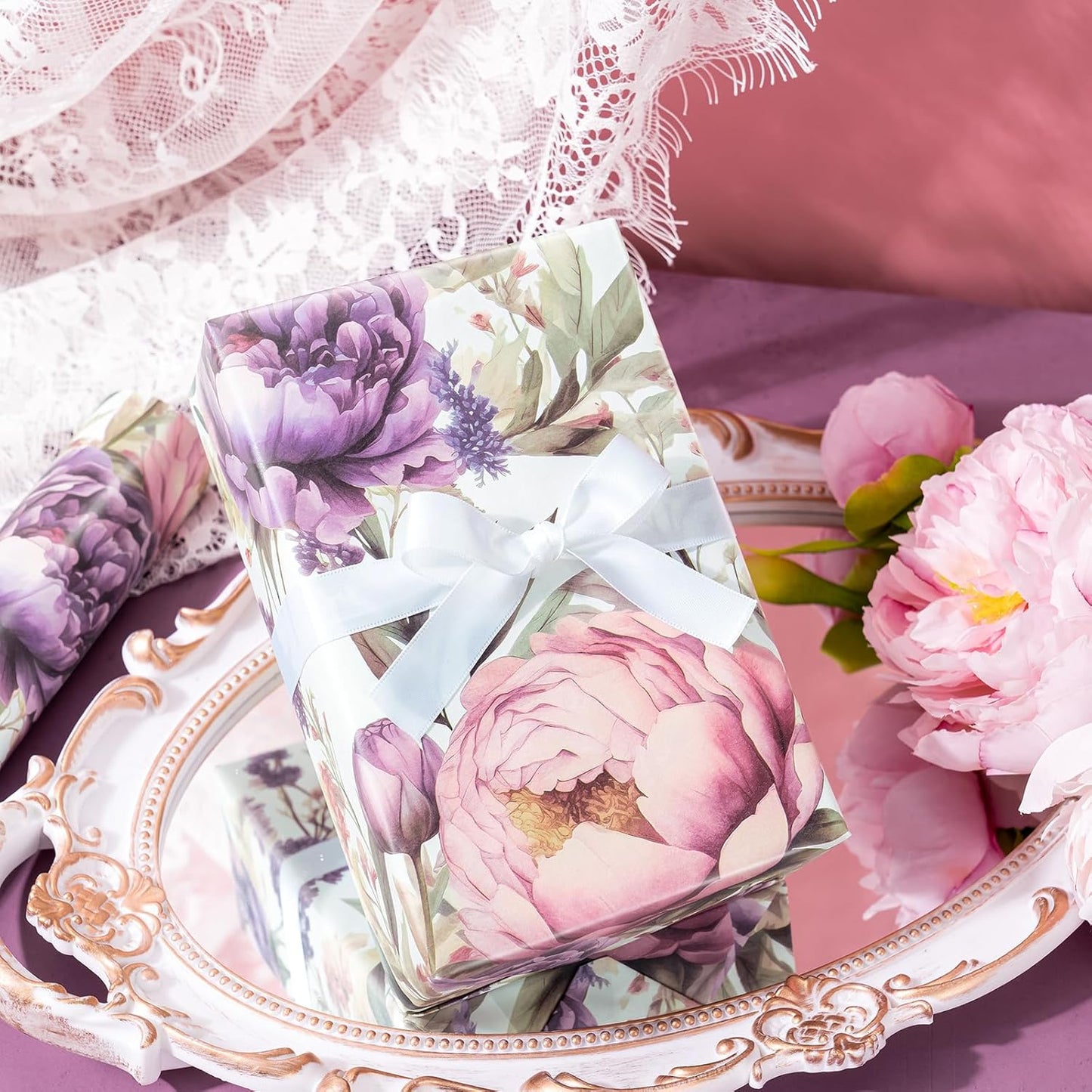 WRAPAHOLIC Floral Wrapping Paper Roll - Mini Roll - 17 Inch x 33 Feet - Purple Flower Wrapping Paper, Perfect for Girls Women Birthday, Wedding, Bridal Shower