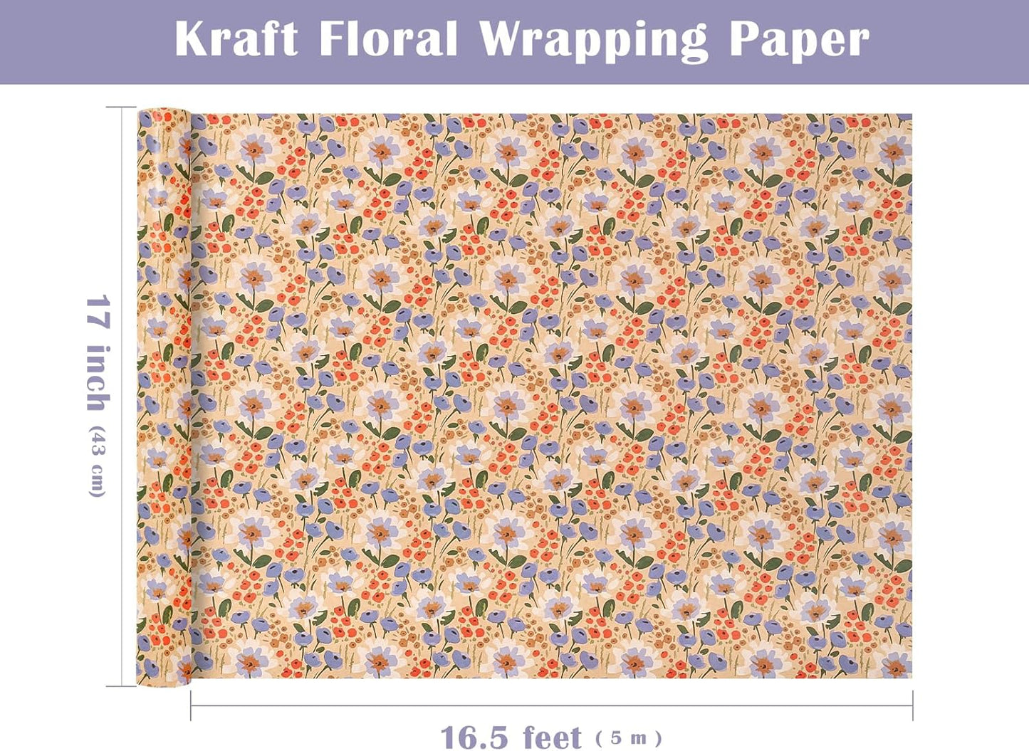 WRAPAHOLIC Kraft Floral Wrapping Paper Roll - Mini Roll - 17 Inch x 16.5 Feet - Watercolor Flower Wrapping Paper, Perfect for Wedding, Birthday, Bridal Shower, Tea Party
