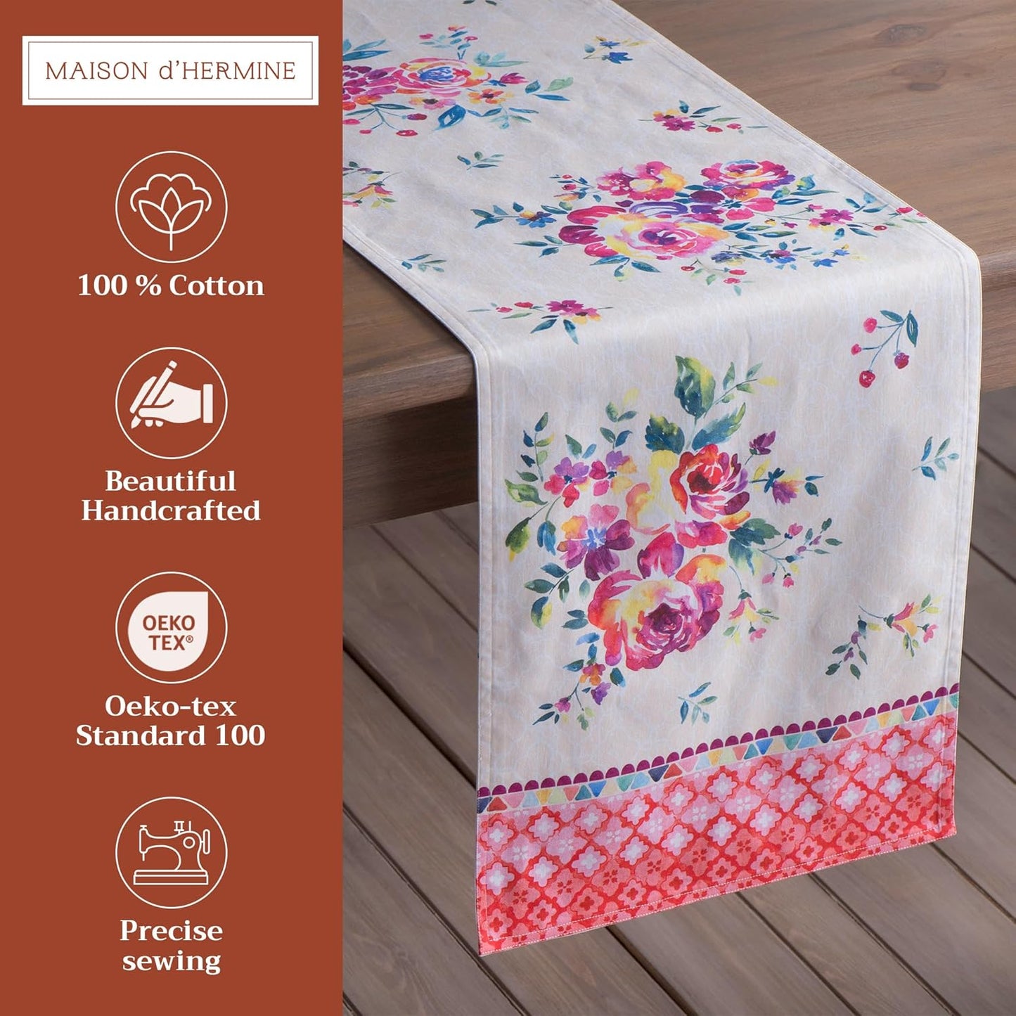 Maison d' Hermine Table Runner 100% Cotton Double Layer Table Runners 108 inches Long Decorative for Home Kitchen Dining Party Wedding Bridal Shower Spring Summer (Rose Garden, 14.50" x 108")
