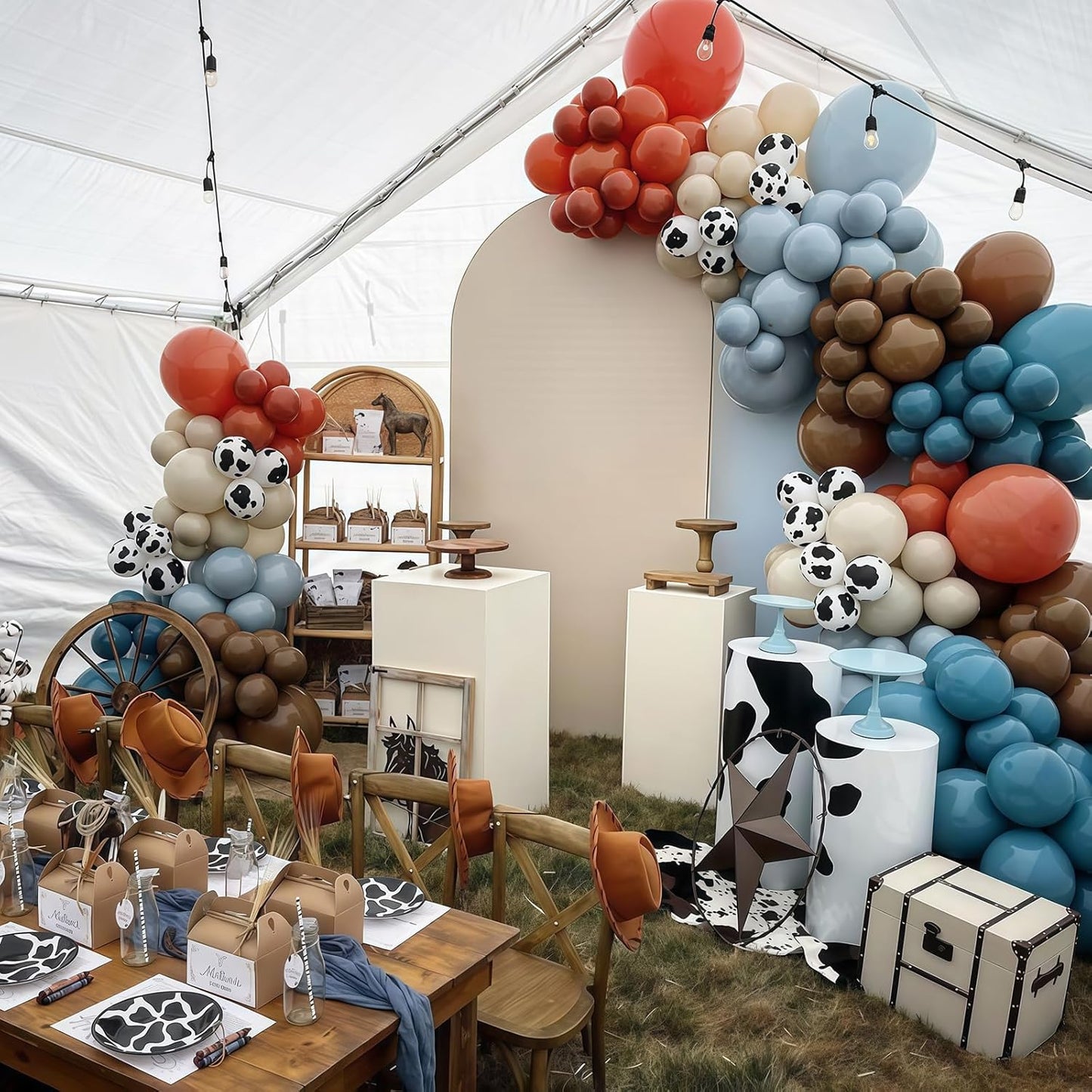 Cowboy Western Balloons, 12inch Cow Print Retro Coffee Brown Slate Dusty Blue Sand White Balloons for Boy First Rodeo Birthday Western Cowboy Baby Shower Farm Country Wild West Theme Party Decor