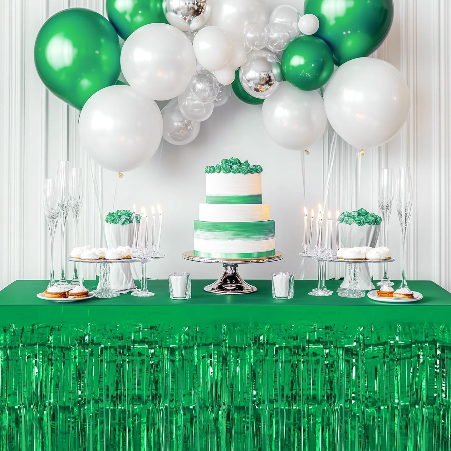 3 Pack Red Green Gold Table Skirts, 29x108" Metallic Foil Tinsel Fringe Table Skirt for Rectangle Tables Streamer Curtains Backdrop, Party Decorations for Birthdays, Weddings, Holidays