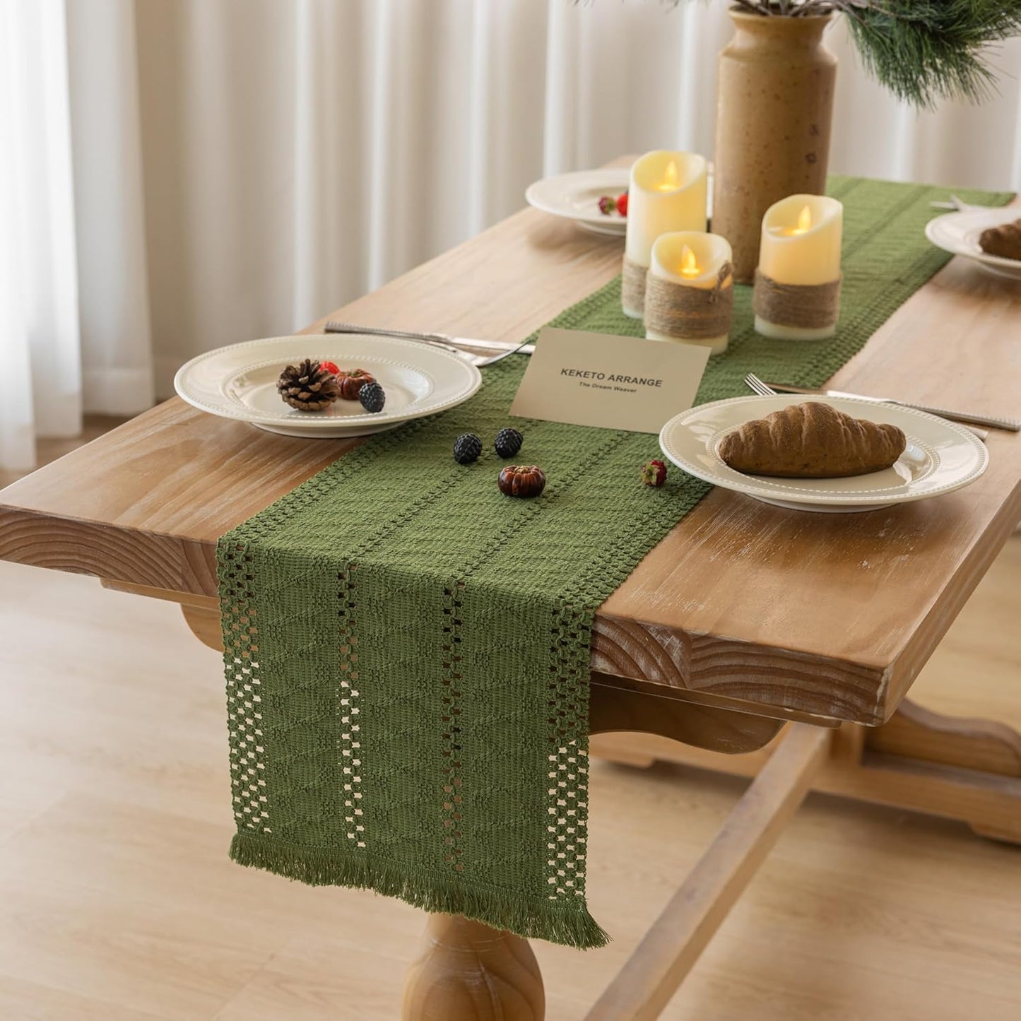 Boho Sage Green Table Runner for Home Decor 12x72 Inches Farmhouse Macrame Burlap Jute Rustic Dining Kitchen Centerpiece Bohemian Decor French Country Baby Bridal Shower Decorations