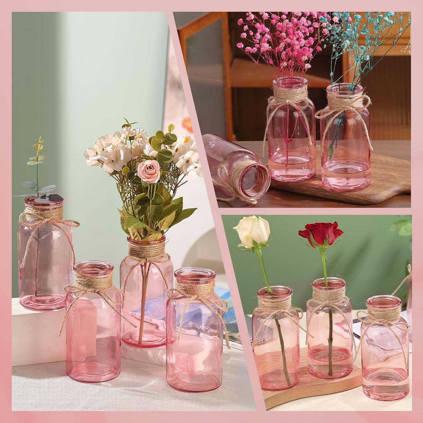 Pink Glass Flower Vases for Centerpieces Set of 6, Mason Jars Boho Cylinder Bud Vases in Bulk, for Weddings Parties Vintage Home Decor