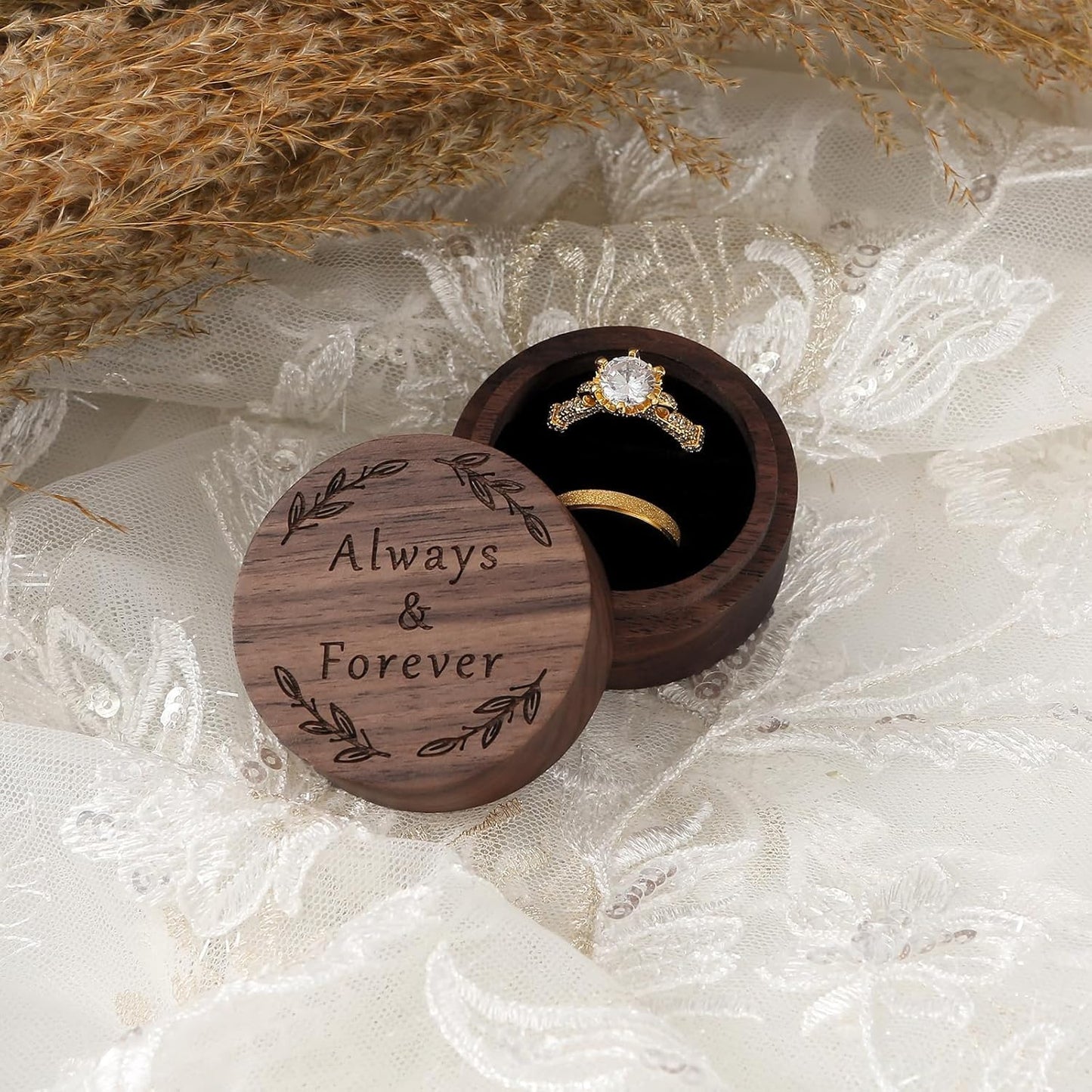 Ring Box, Wooden Ring Box for Wedding Ceremony Ring Bearer Box, Engagement Ring Holder Gift for Anniversaries day, Birthday Gift (Always&Forever)
