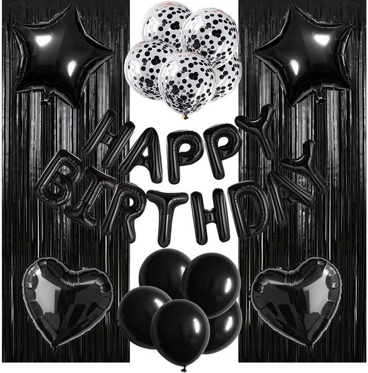 29 Pcs Black Birthday Party Decorations - Happy Birthday Balloons Banner, Heart & Star Foil Balloons, Confetti & Latex Balloons, Foil Fringe Curtains Party Supplies for Men
