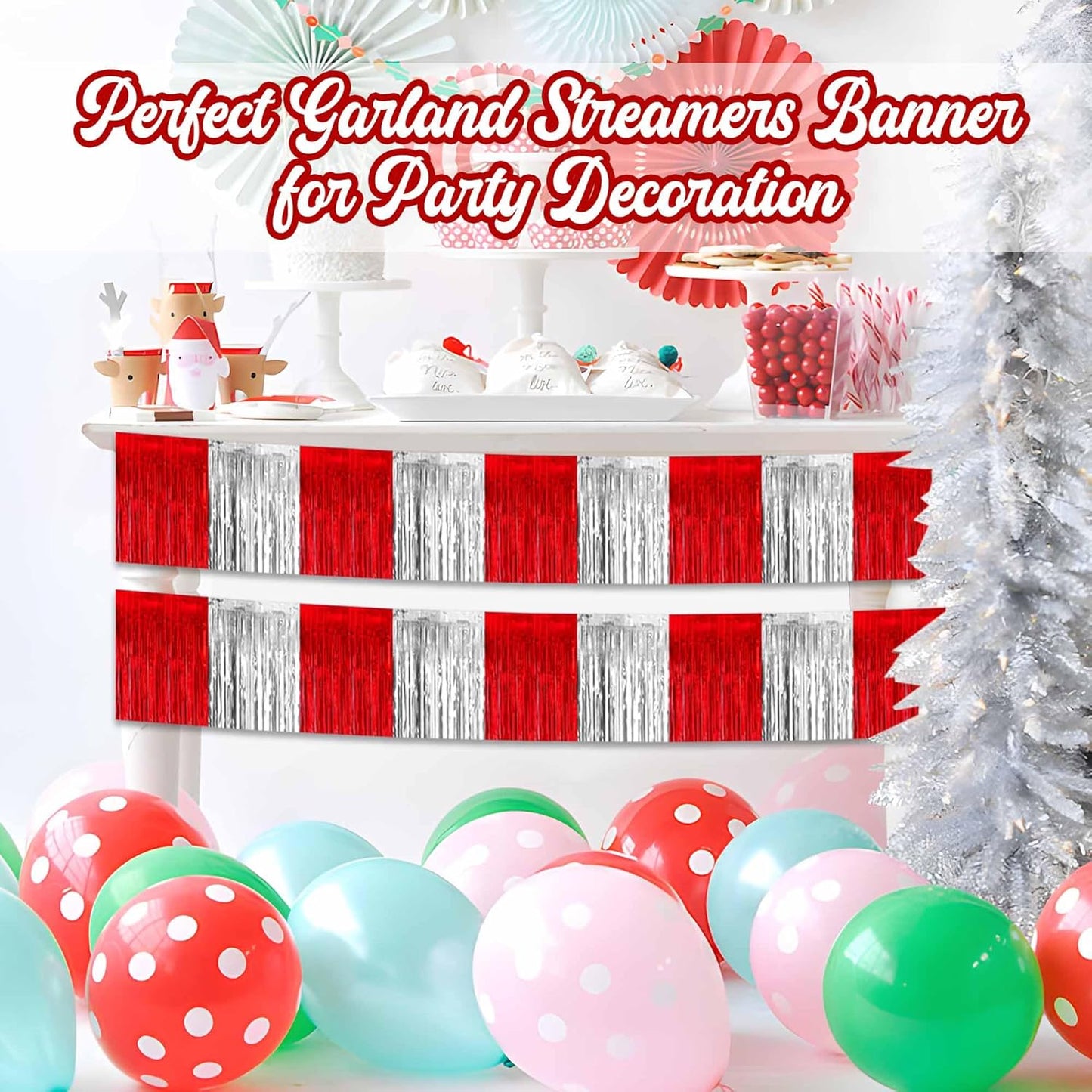 4 Pack 10 Ft Red and Silver Foil Fringe Garland Metallic Streamers Tinsel Banner Wall Hanging Garland Backdrop for Parade Floats, Halloween, Christmas, Thanksgiving, New Year Party Decorations