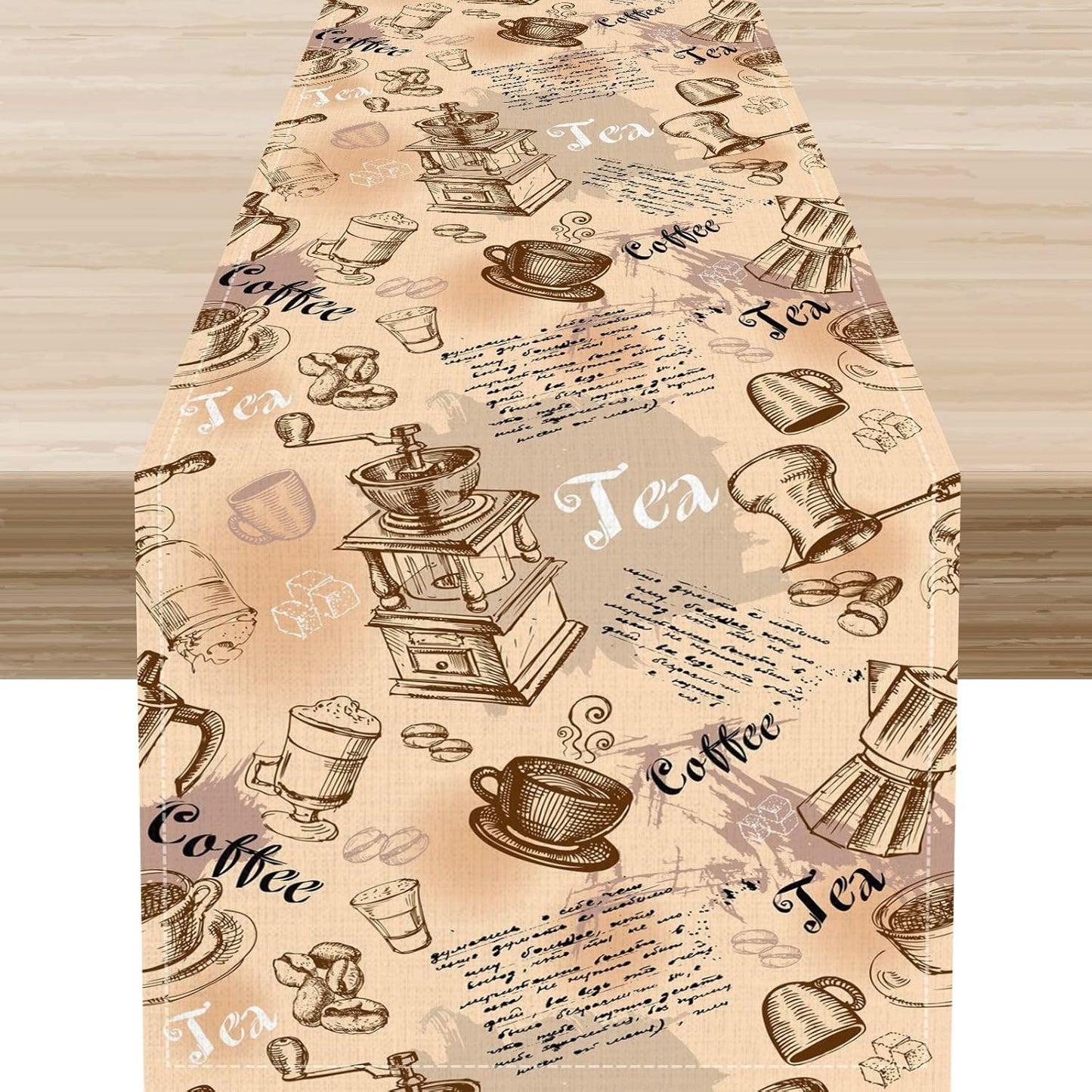 Coffee Theme Table Runner, Rustic Farmhouse Coffee Cup Tea Party Cafe Table Center Decor for Home Kitchen Dining Patio Holiday Party Indoor Outdoor Table Decorations,13"x72" Inch