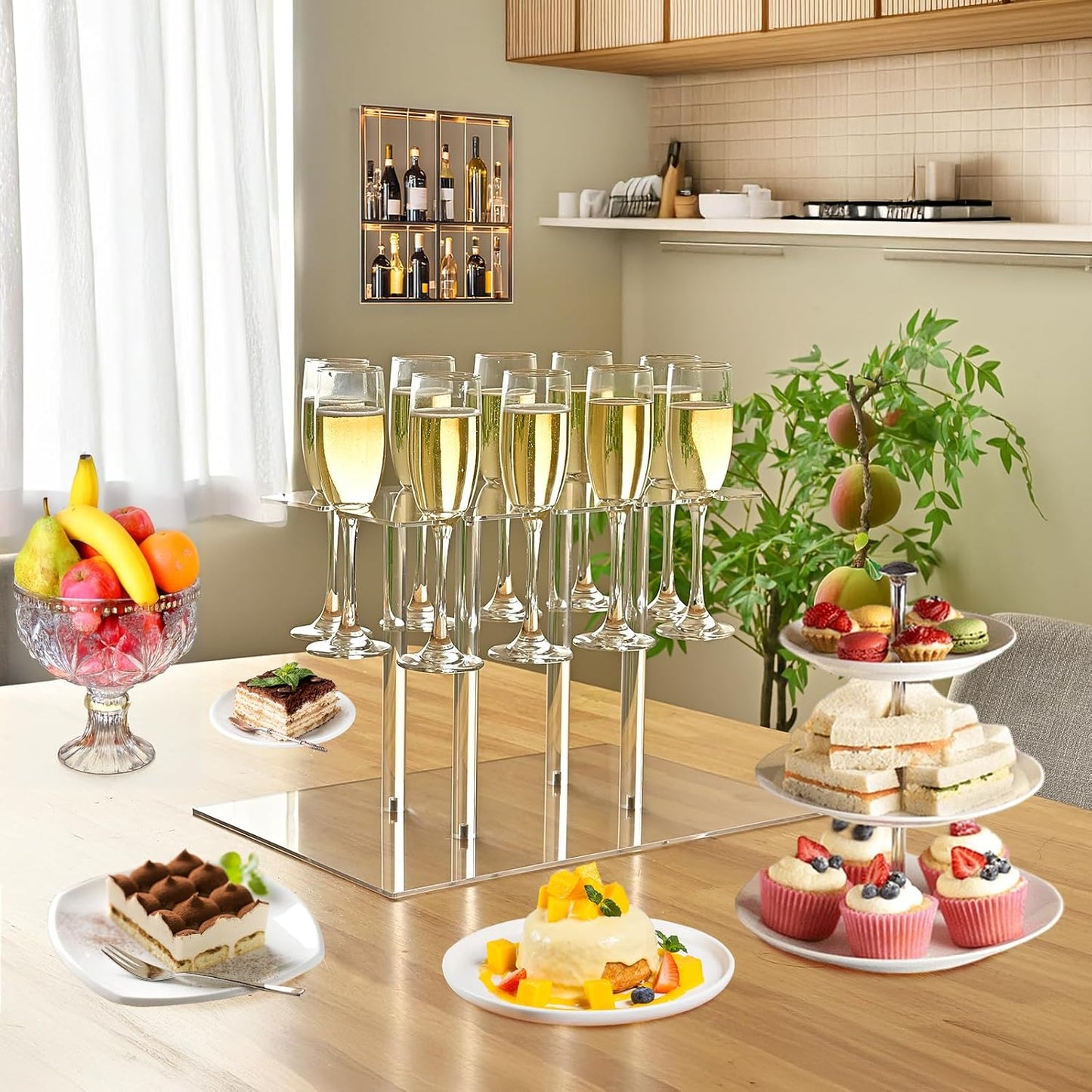 Champagne Tower, Rectangle Acrylic Champagne Display Rack Stand with 32 Slots, 3 Tier Floating Sight Champagne Flute Holder for Party, Wedding, School, Celebration, 17.3x11.8x25.5inch