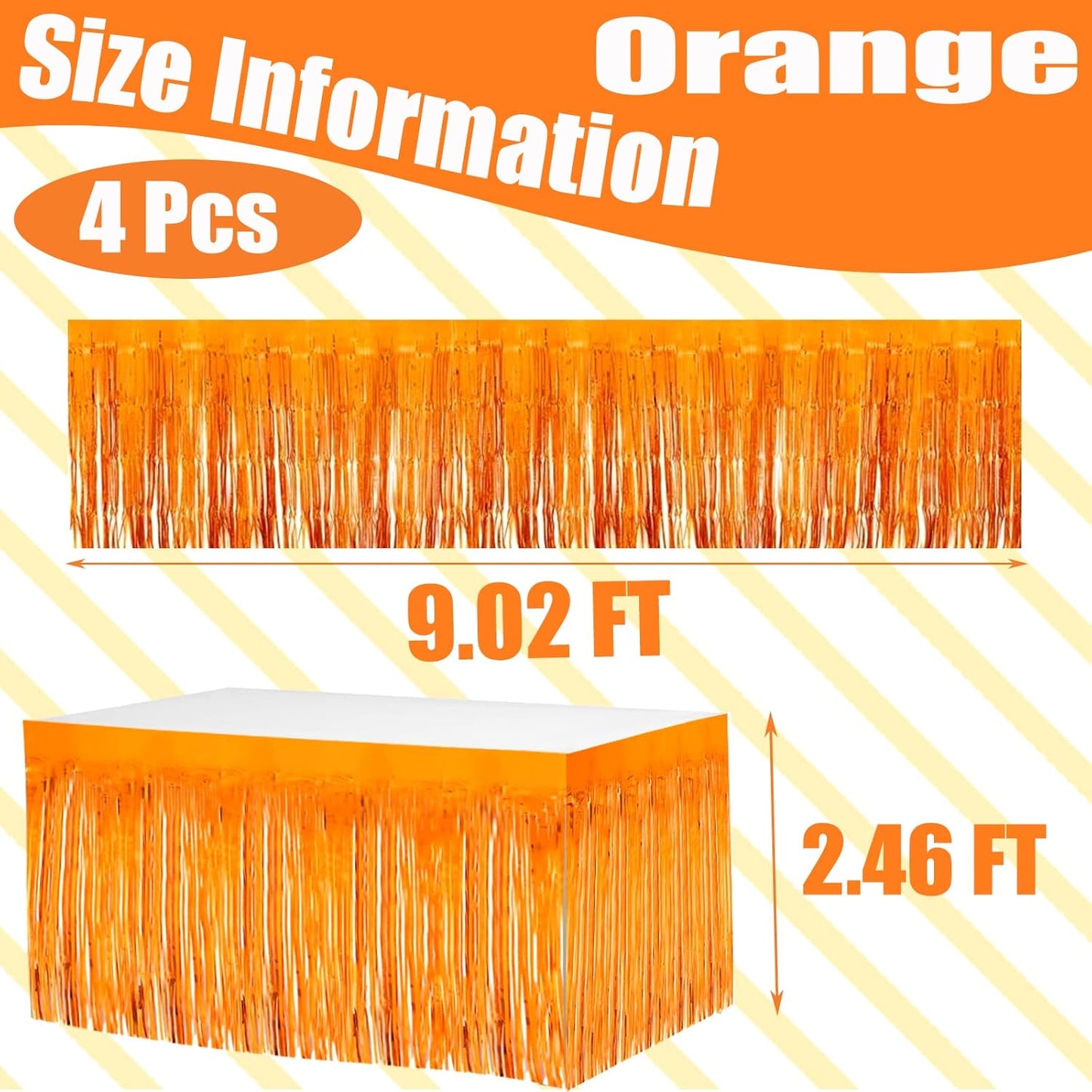 4 Pack 29x108 Inch Metallic Foil Fringe Tinsel Table Skirts for Rectangle Tables Streamer Curtains Backdrop for Wedding, Birthday, Parade Floats, Christmas, Halloween Party Decoration(Orange)