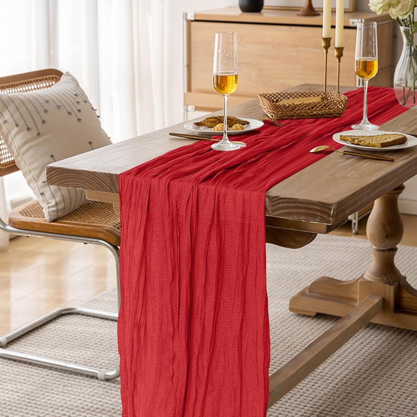 12 Pack Cheesecloth Table Runner 10Ft Christmas Gauze Boho Table Runners for Wedding Decor Bridal Shower Decorations Baby Shower Party(35" x 120")(Red)