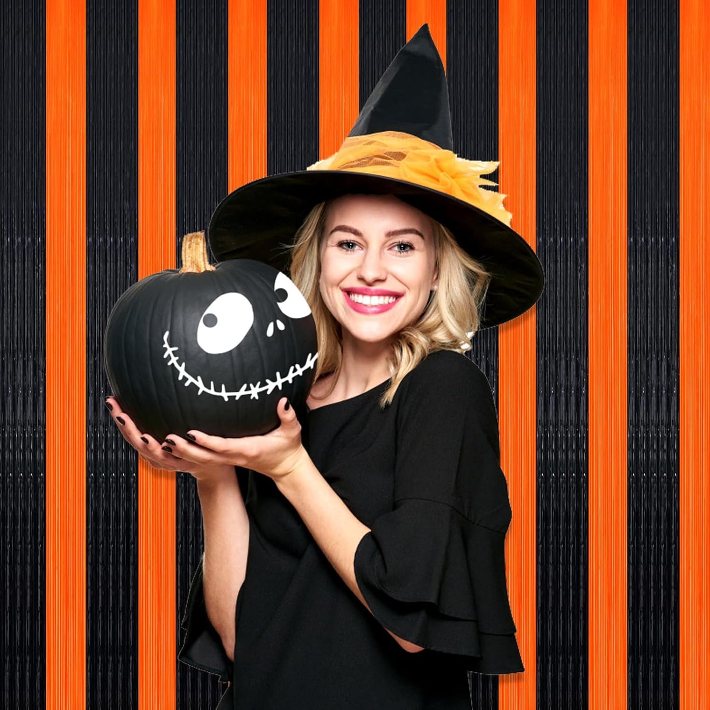 3 Pack Black Orange Foil Fringe Curtain Backdrop, 3.28Ft x 8.2Ft Metallic Tinsel Foil Fringe Streamer Curtains for Photo Booth, Mother's Day, Easter, Birthday, Wedding Party Decorations