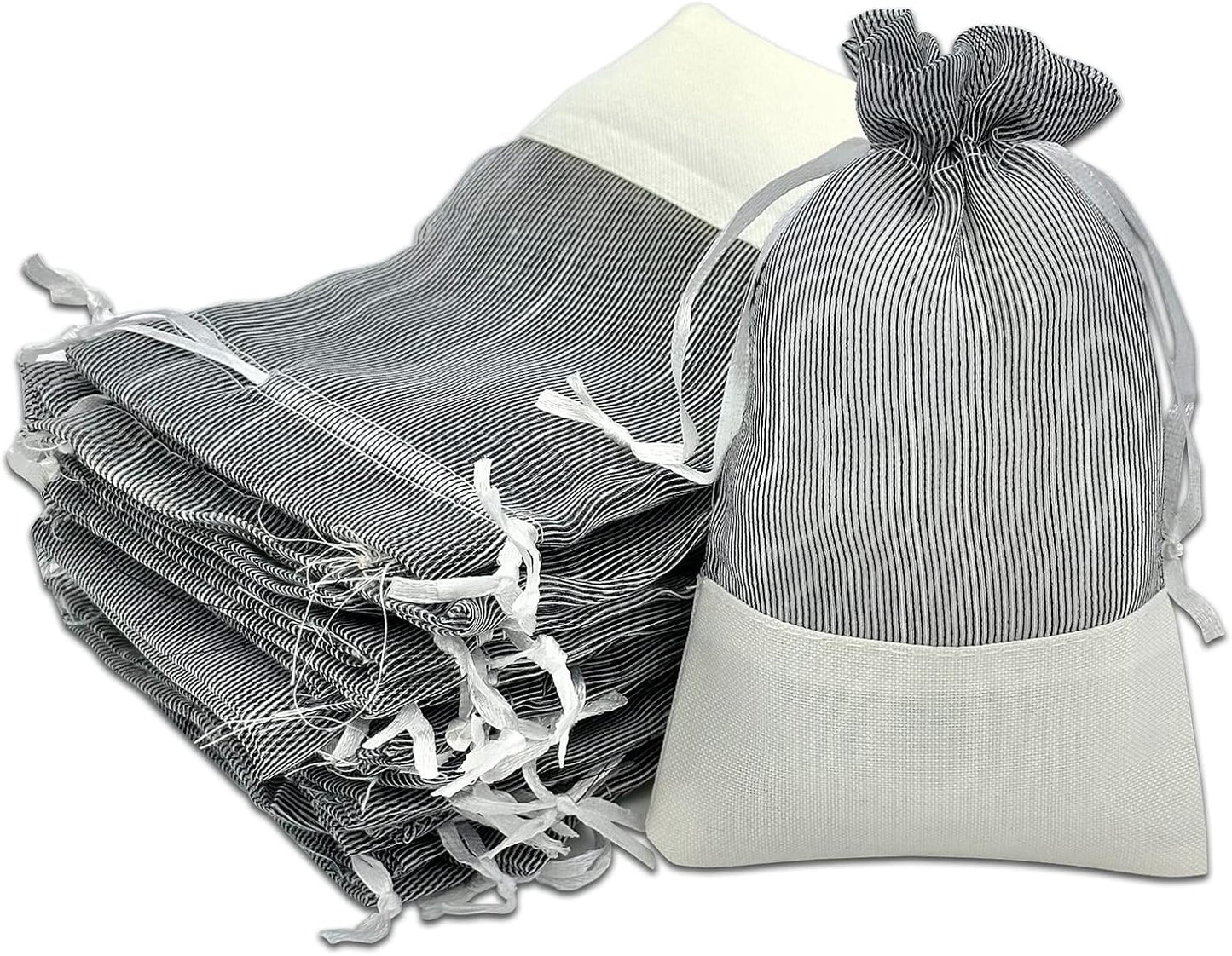 TheDisplayGuys For Your Modern Living 24-Pack Linen & Black Organza Gift Bags with Drawstrings (Small 4 x 6) - Party Favors, Samples, Treats Mesh Pouches