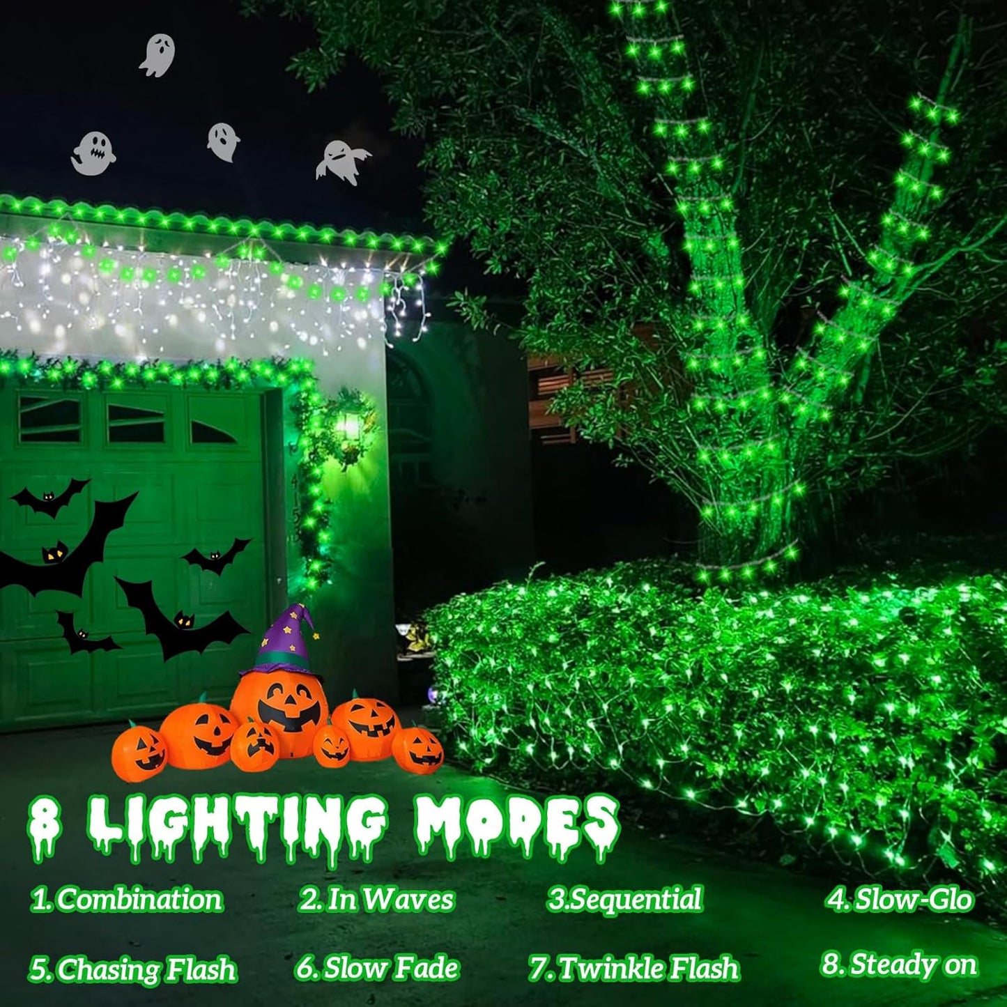 YEGUO 165ft 500 LED Halloween Lights Outdoor Waterproof, Green String Lights Indoor Plug in, 8 Modes Clear Wire for Halloween Holiday Home Tree Garden Patio Decor