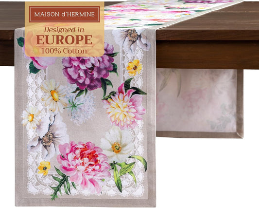 Maison d' Hermine Table Runner 100% Cotton Single Layer Table Runners 108 inches Long Decorative for Home Kitchen Dining Party Baby Shower Wedding Bridal Shower Spring Summer (Pivoine, 14.50" x 108")