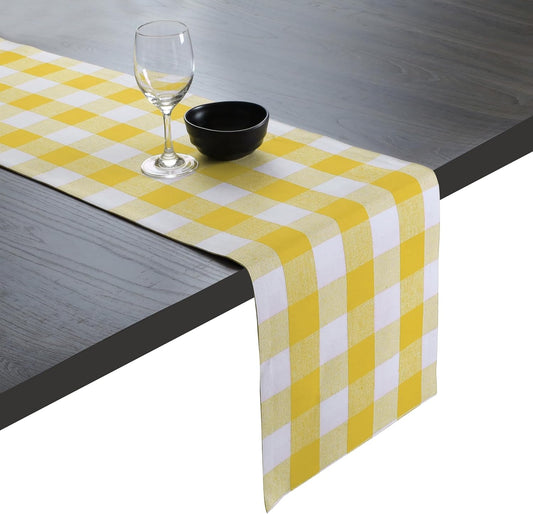 Native Fab Table Runner Buffalo Check Plaid 100% Cotton - 13x90 Inches Kitchen Dining Table Decoration for Indoor Farmhouse Home Decor - Lemon Yellow and White