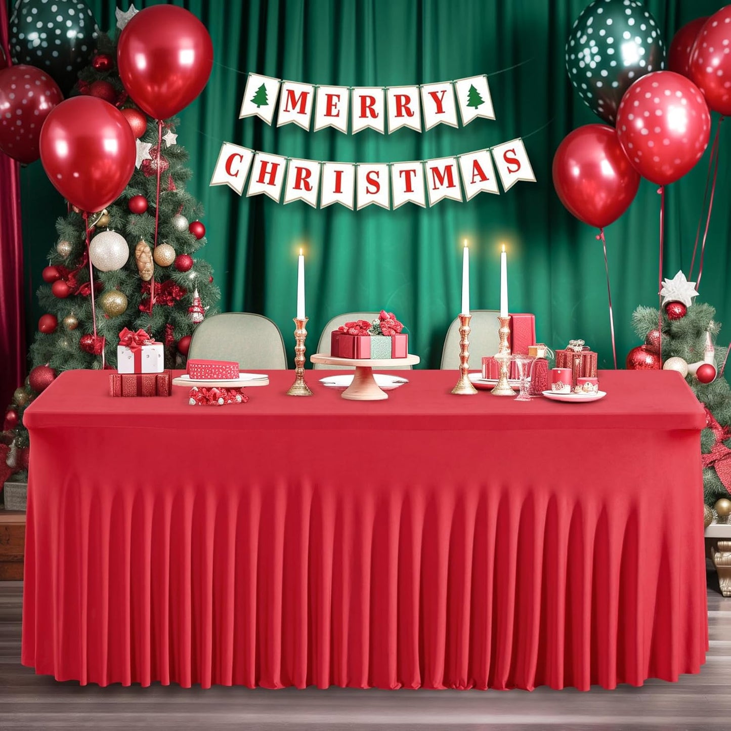 Wish Care 2 Pack Red Spandex Table Clothes for 4 Foot Rectangle Tables, 4FT Wrinkle Free Fitted Tablecloths Ruffles Design Stretch Table Cover for Party, Banquet, Wedding and Events